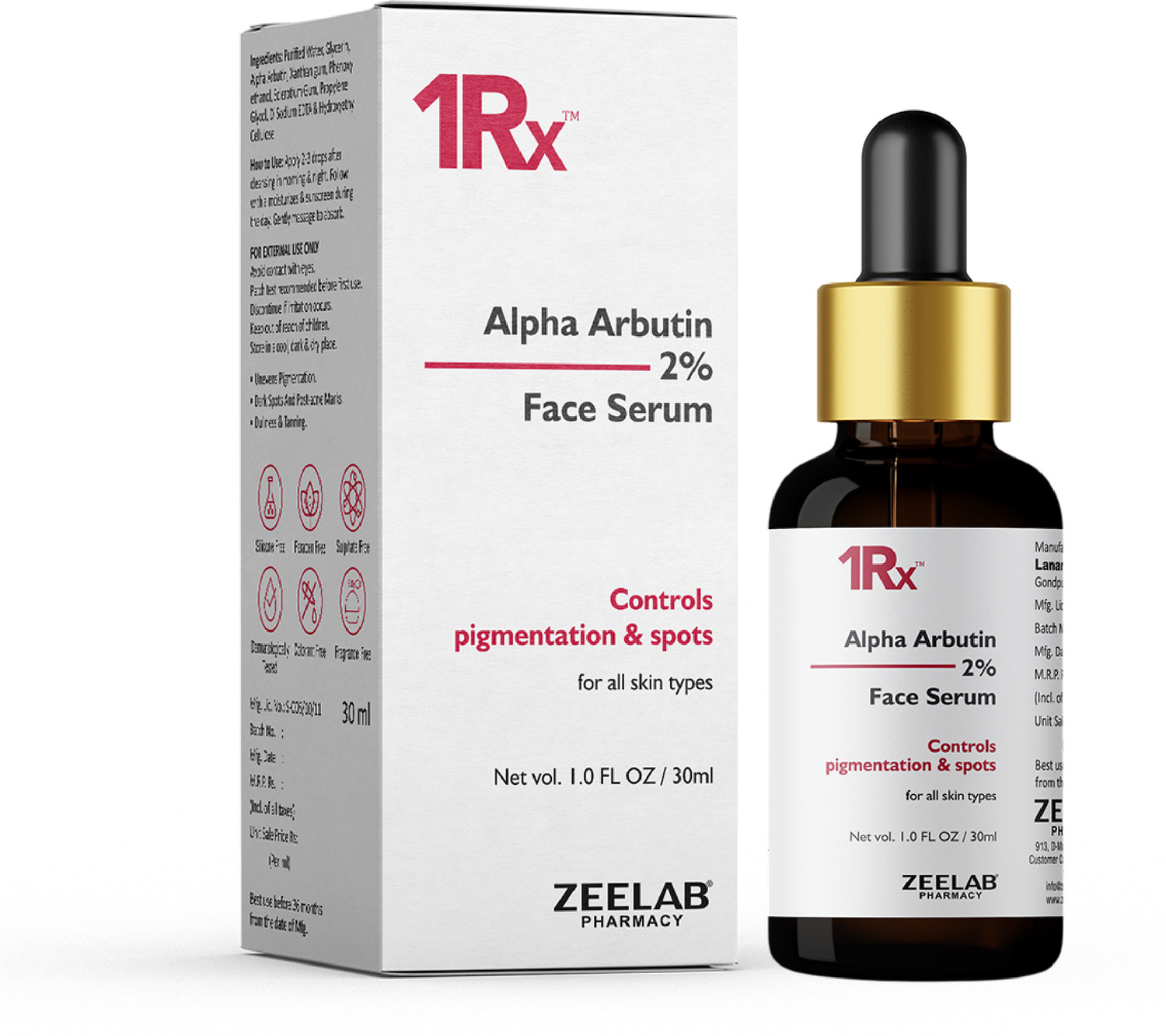 Image of zeelab 1RX Alpha Arbutin 2% Face Serum | Dark Spot Corrector & Skin Brightening Serum