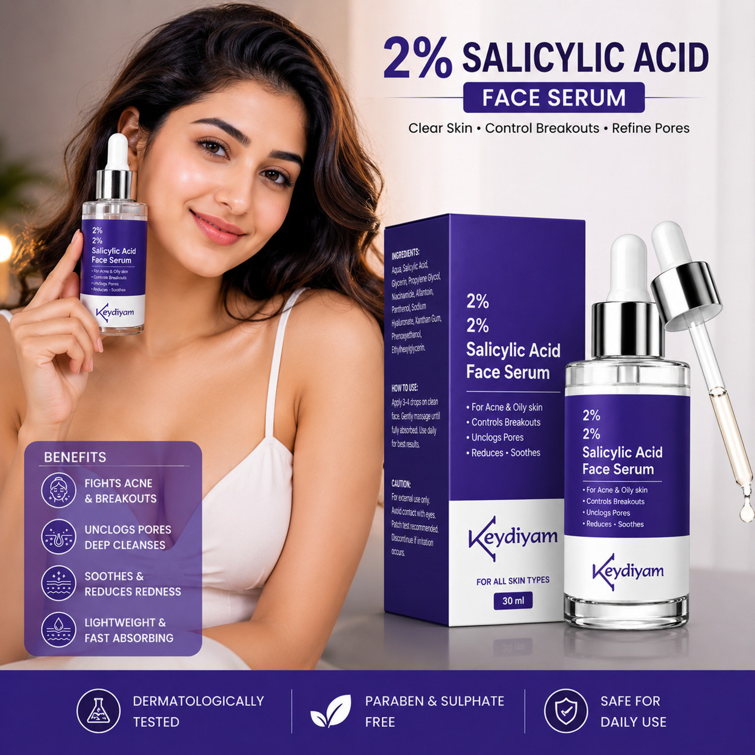 Image of keydiyam 2% Salicylic Acid Face Serum for Active Acne Control for Oily Acne Skin