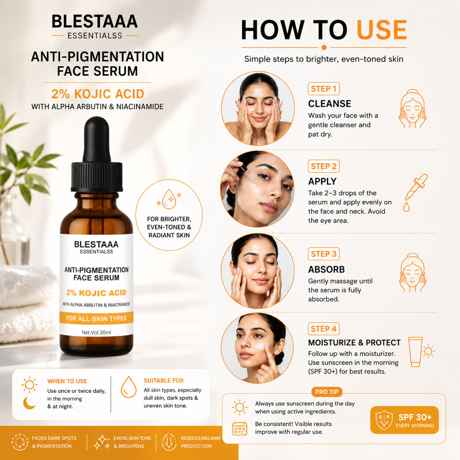 Image of blestaaa essentialss 2% Kojic Acid + Alpha Arbutin With Niacinamide Serum | Brightening & Spot Correction | Treats Hyperpigmentation & Acne Scars