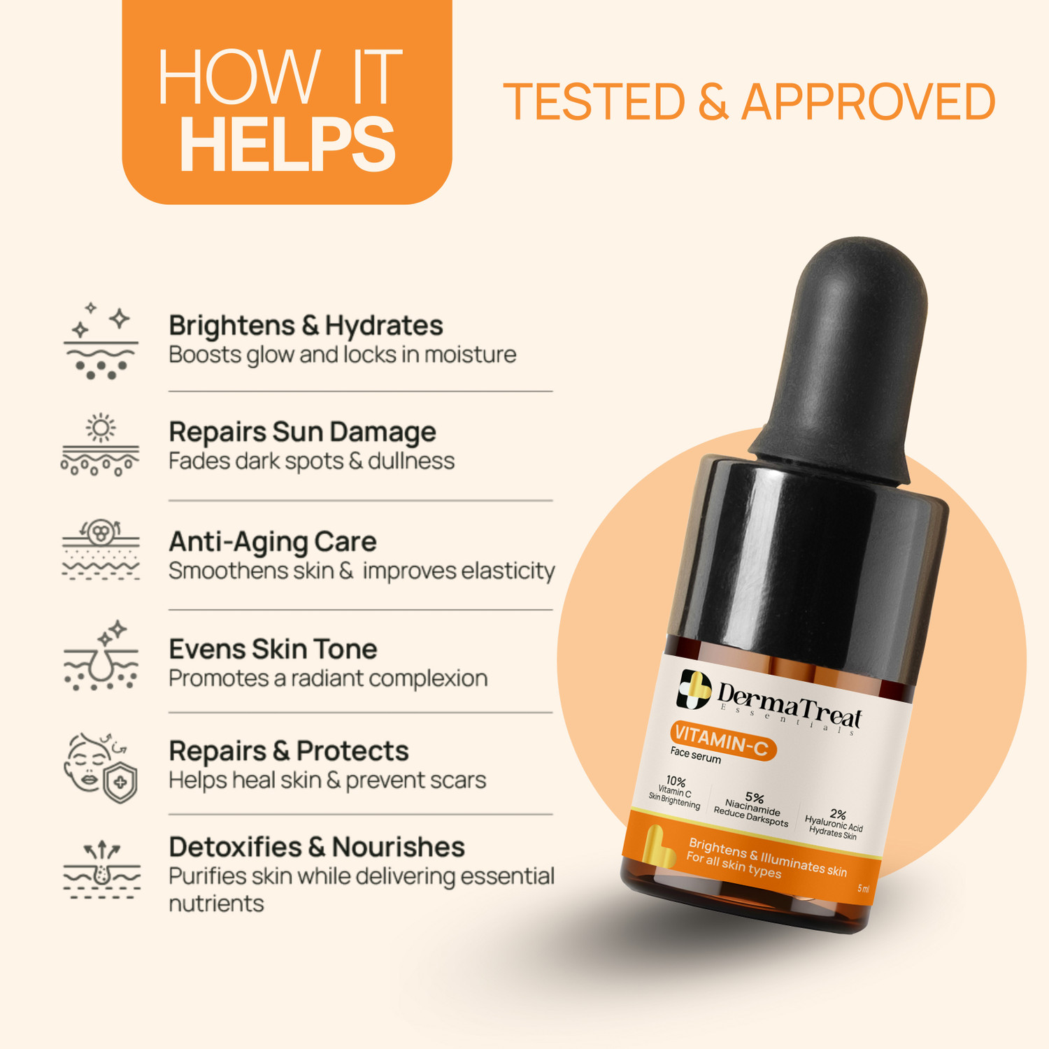 Image of DermaTreat Essentials DermaTreat Essentials 10% Vitamin C Face Serum with Niacinamide & Hyaluronic Acid | Reduces Dark Spots & Treats Pigmentation | For Glowing Skin
