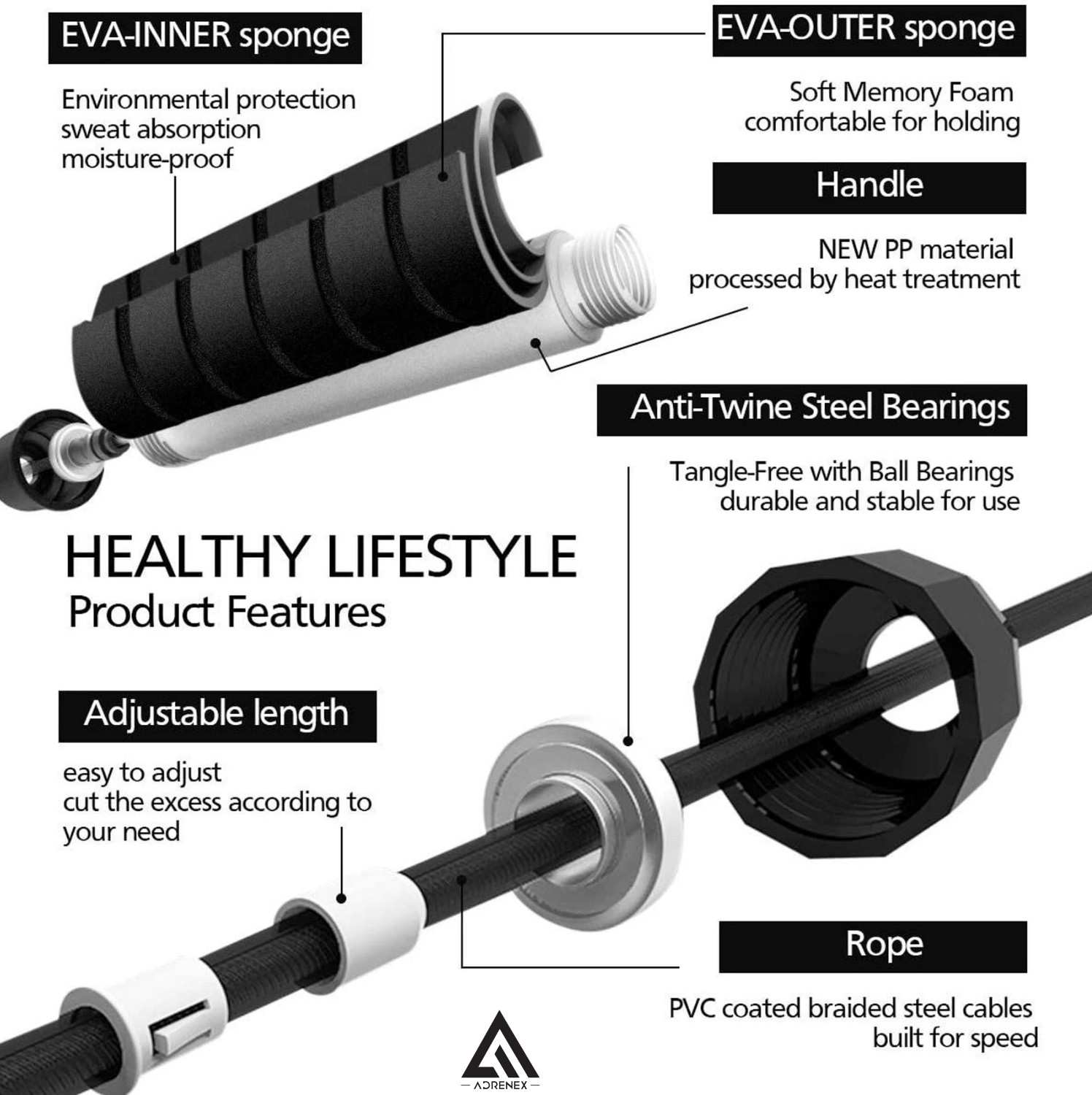 Image of Adrenex by Flipkart Adjustable Speed Jump Rope With Foam Handle For Women, Men,Kids Aerobic Exercise Freestyle Skipping Rope