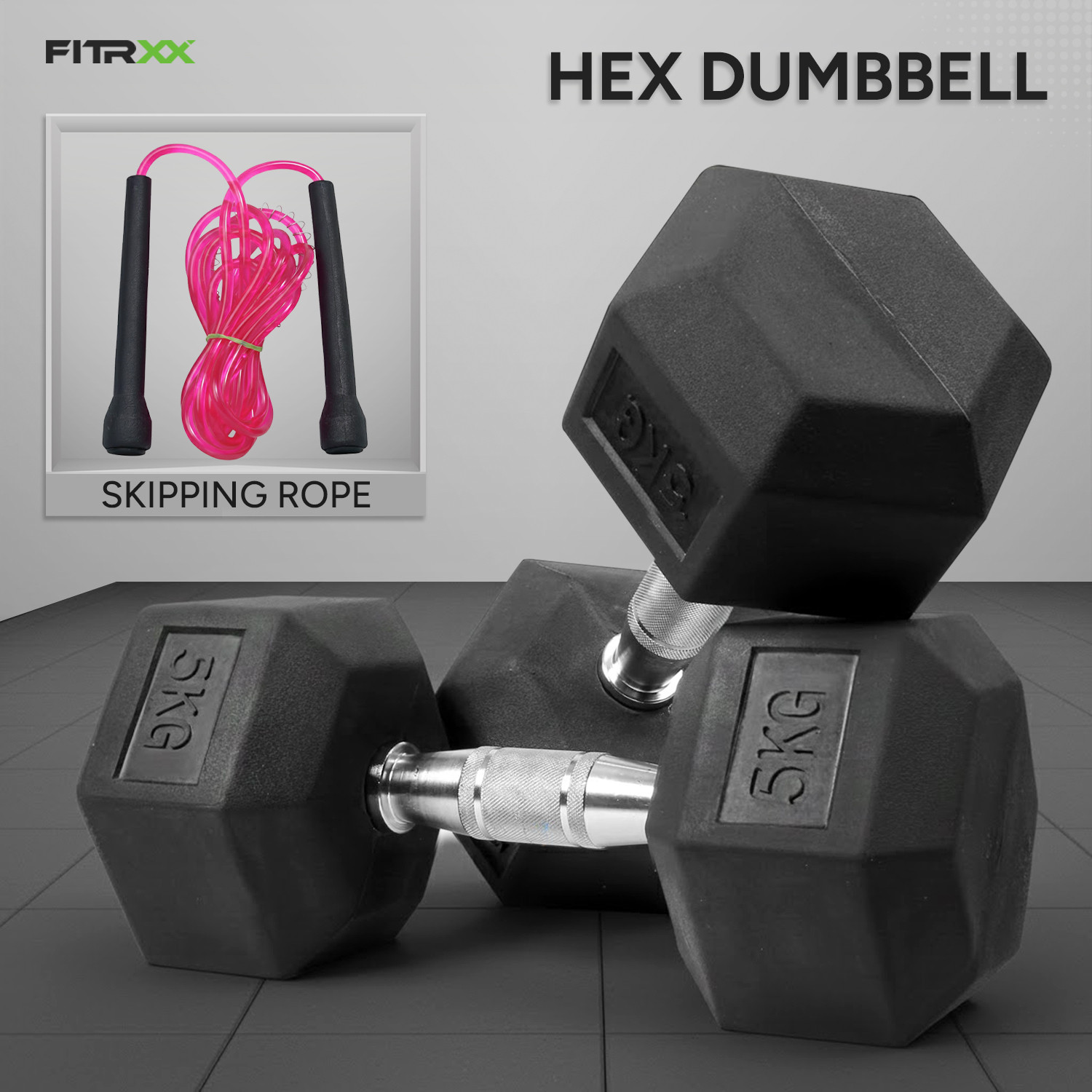 Image of FITRXX Rubber Coated Hexa Dumbbell Set (5 kg Pair) Weighted Skipping Rope