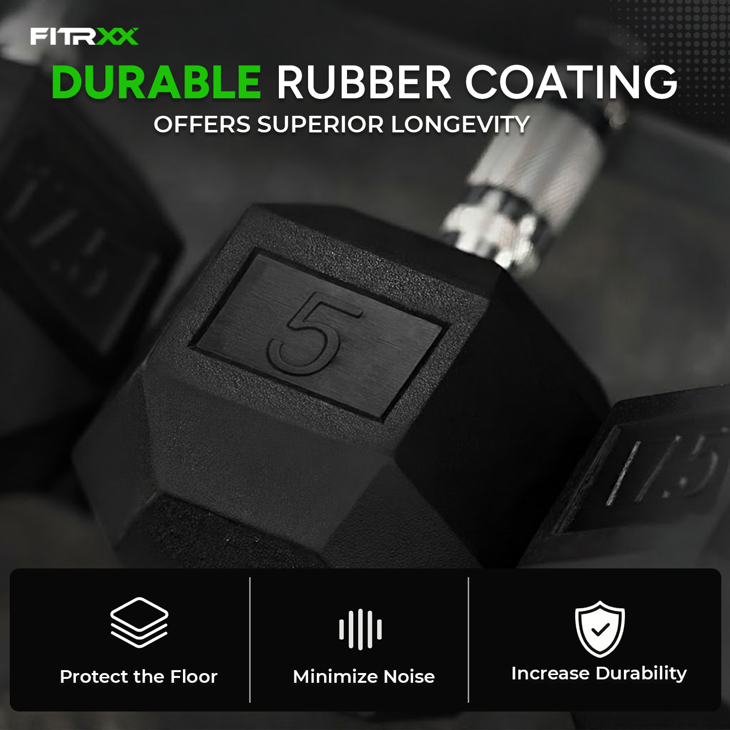 Image of FITRXX Rubber Coated Hexa Dumbbell Set (5 kg Pair) Weighted Skipping Rope