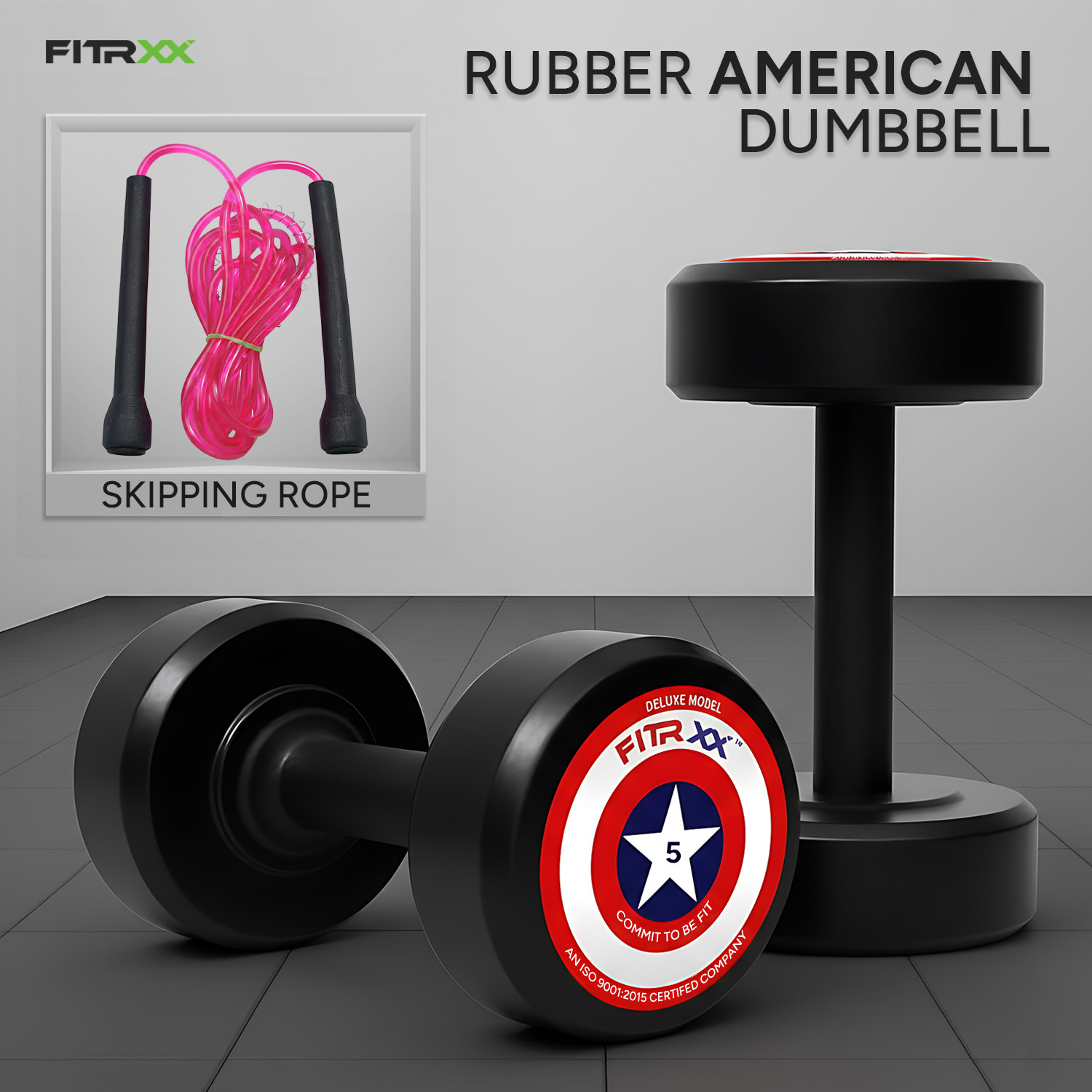 Image of FITRXX 5 kg pair Round Shape Rubber Dumbbells set for men and women Weighted Skipping Rope