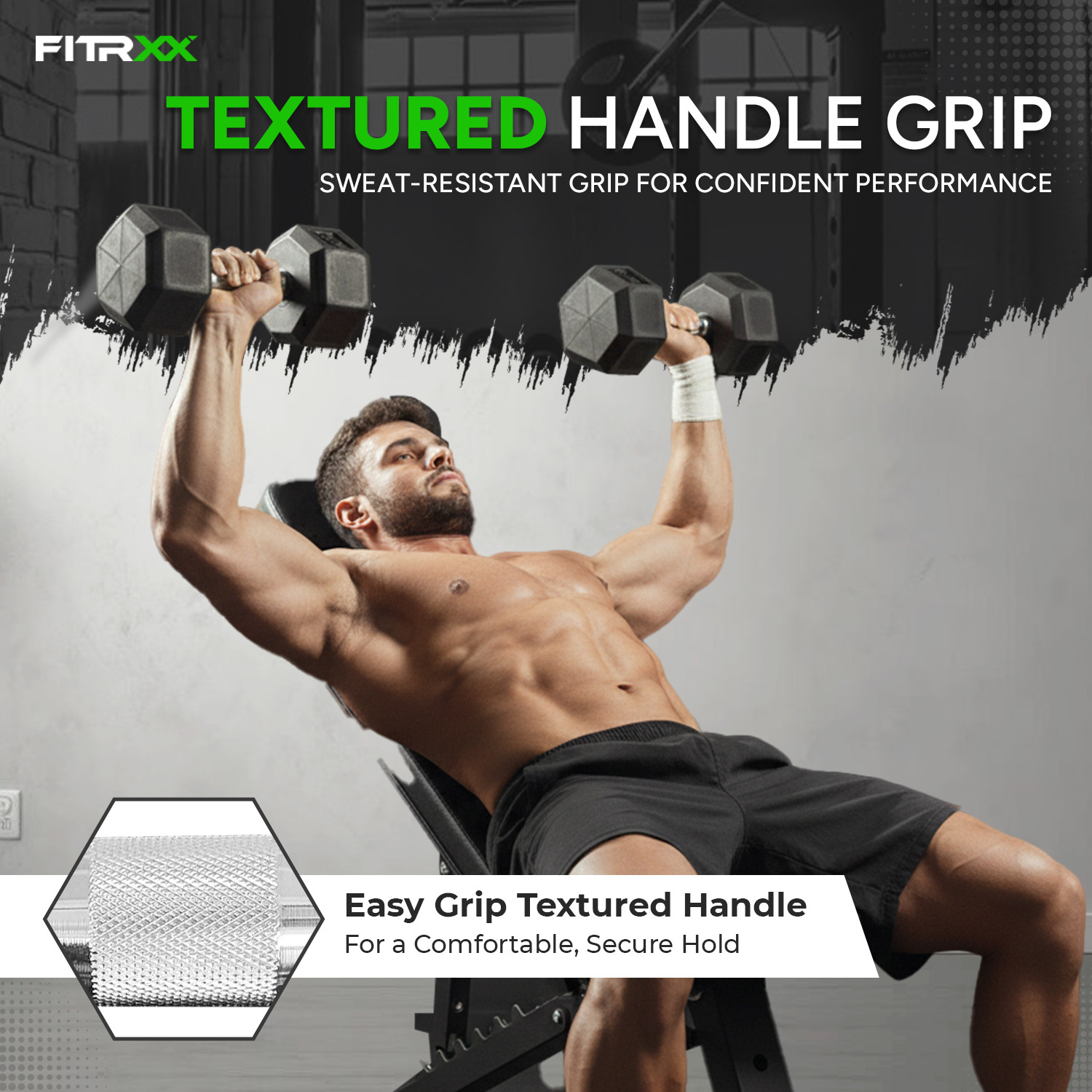 Image of FITRXX Rubber Coated Hexa Dumbbell Set (5 kg Pair) Weighted Skipping Rope