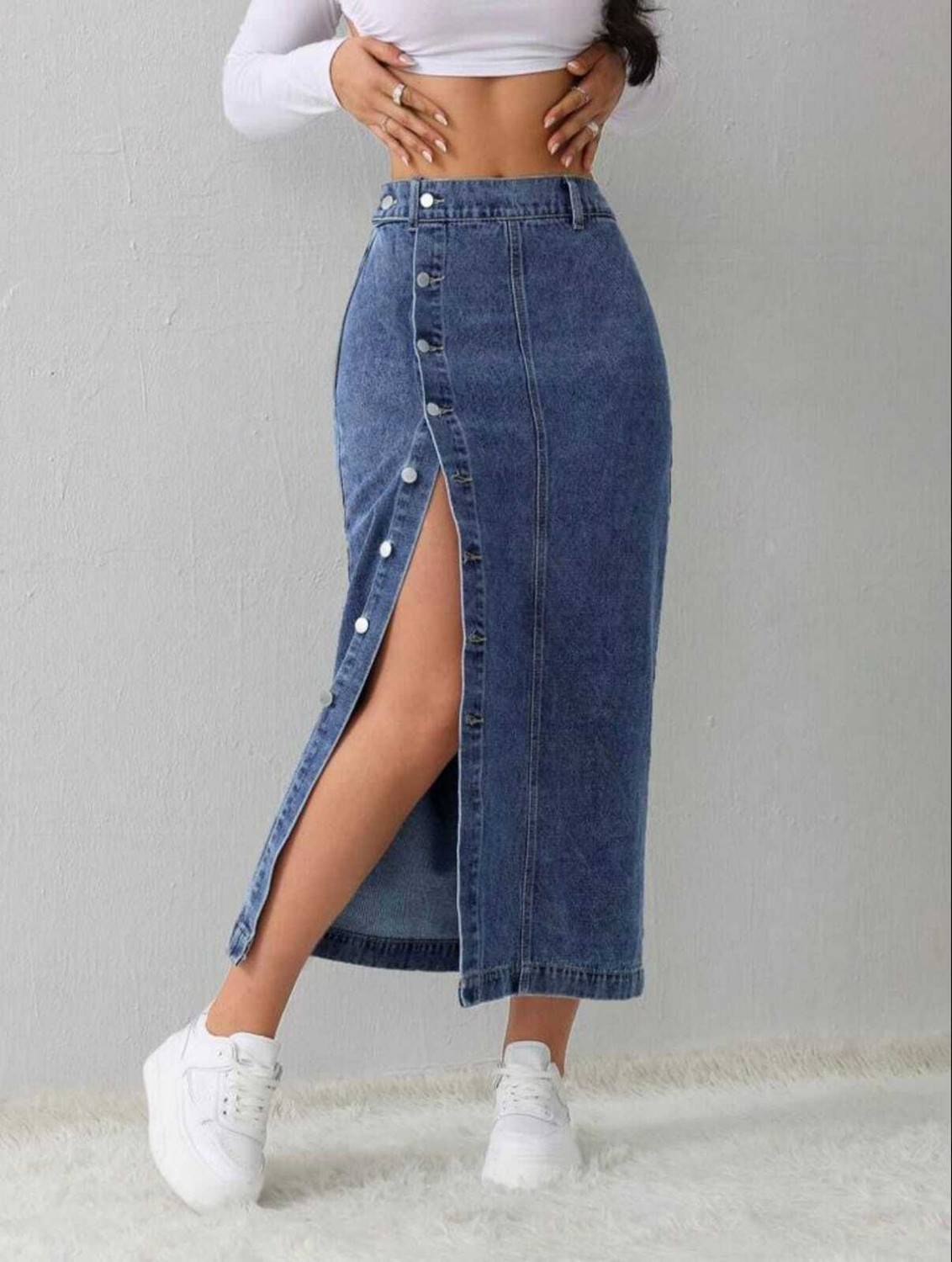 Image of Nibiha Washed Women Straight Blue Skirt