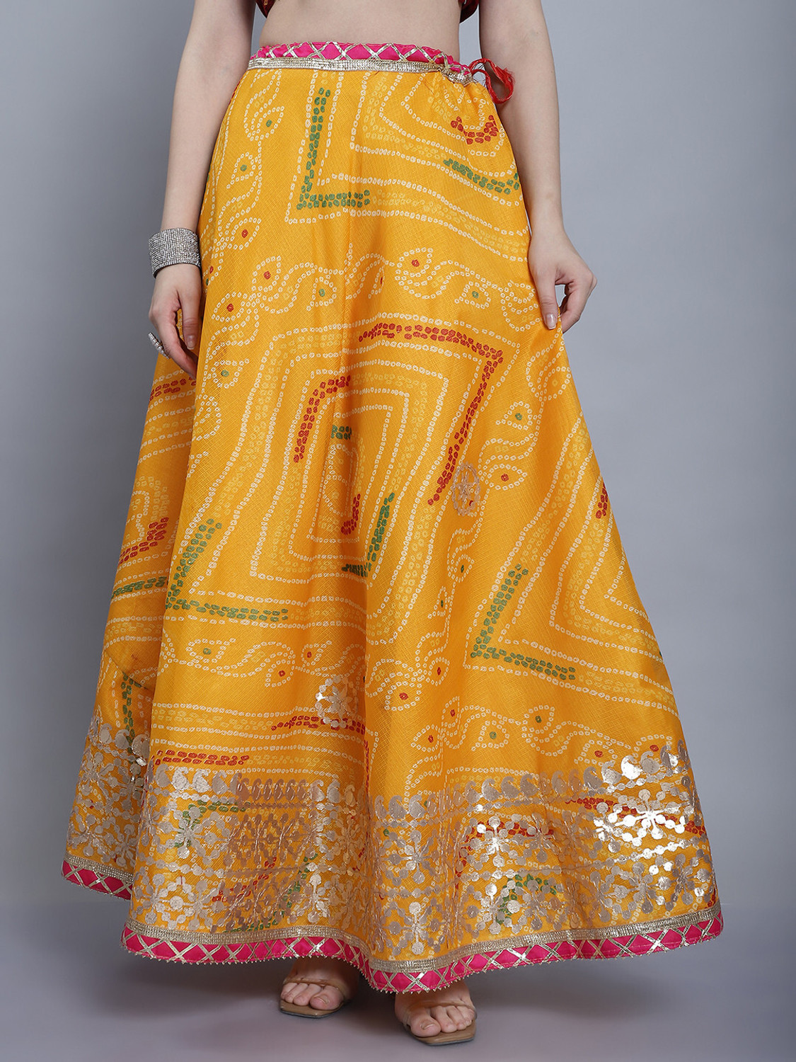Image of JABAMA Embroidered Women Flared Yellow Skirt