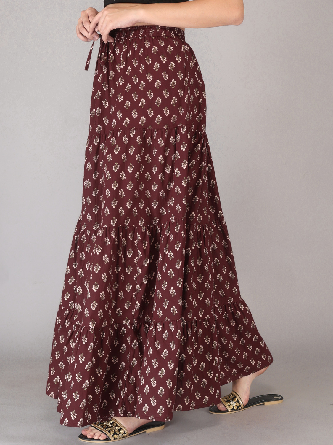 Image of MFGIVA Printed Women Tiered Maroon Skirt
