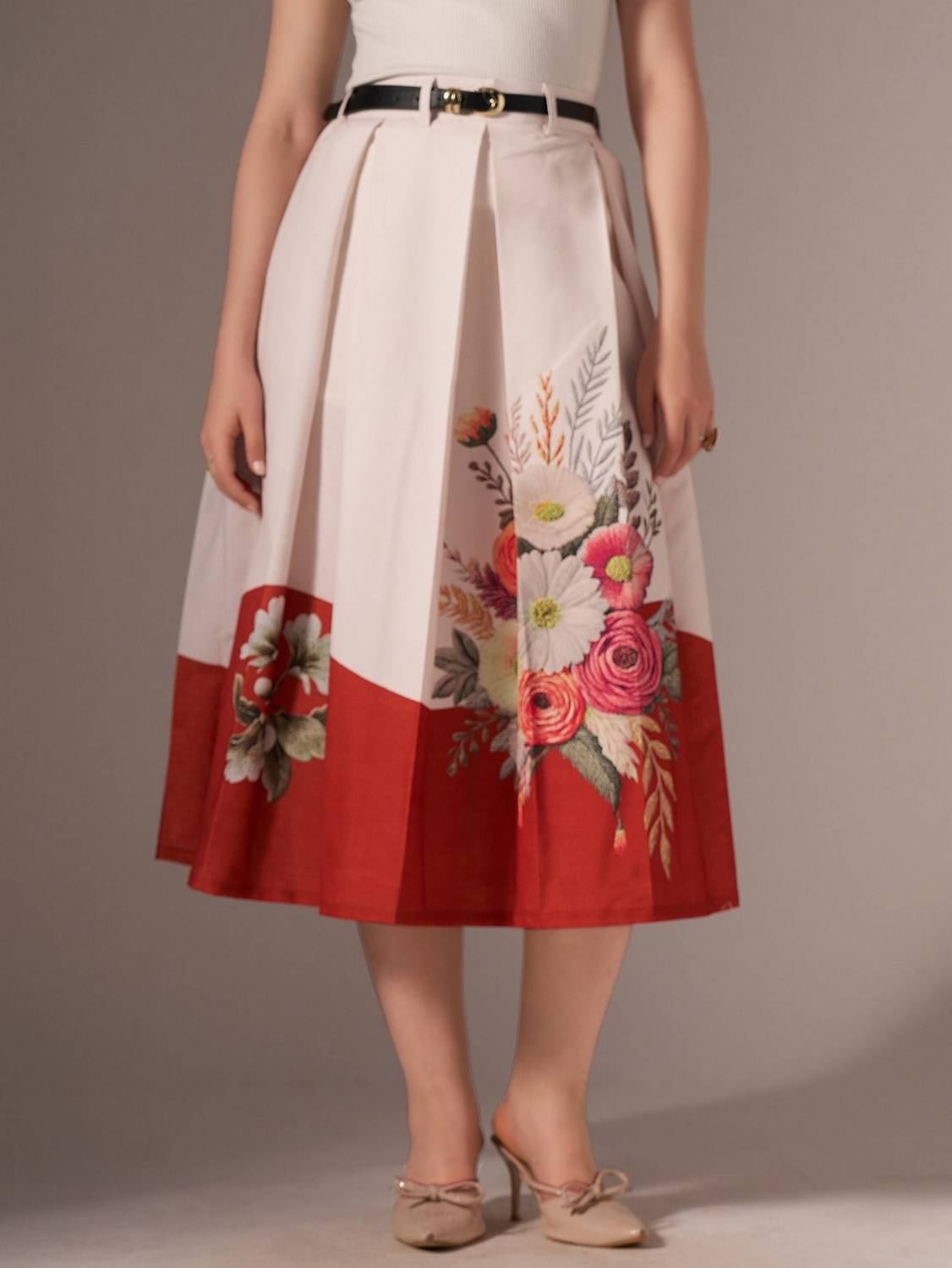 AASK Floral Print Women Flared Orange Skirt