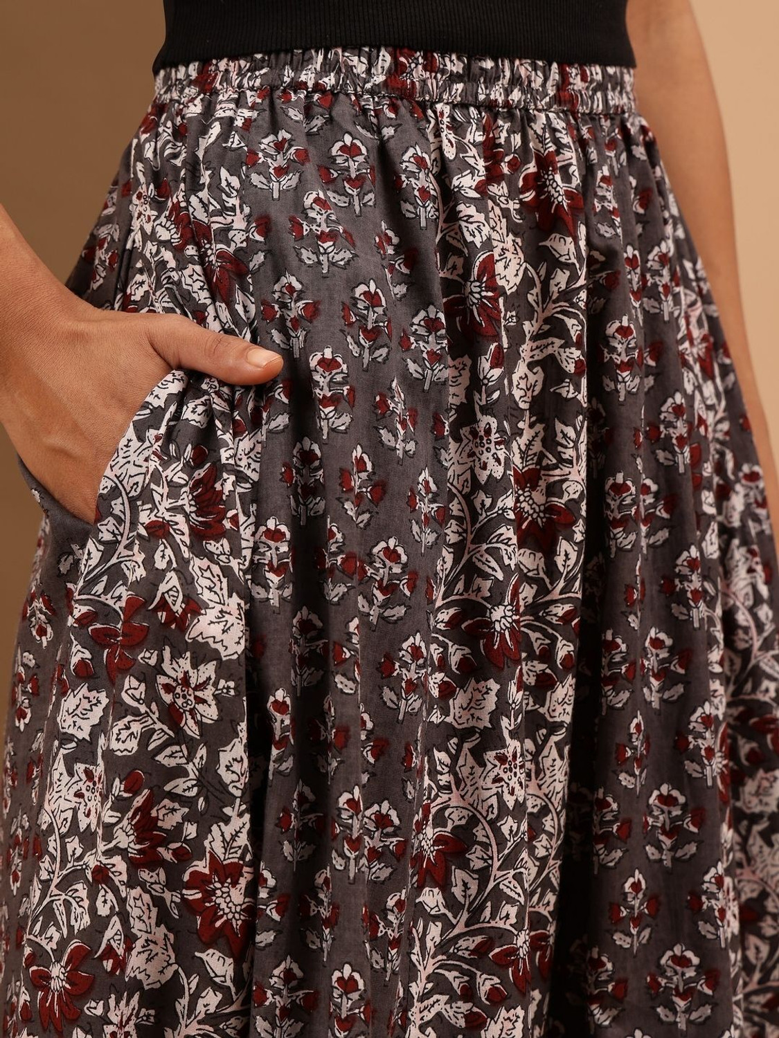 Image of Janasya Floral Print Women Flared Grey Skirt