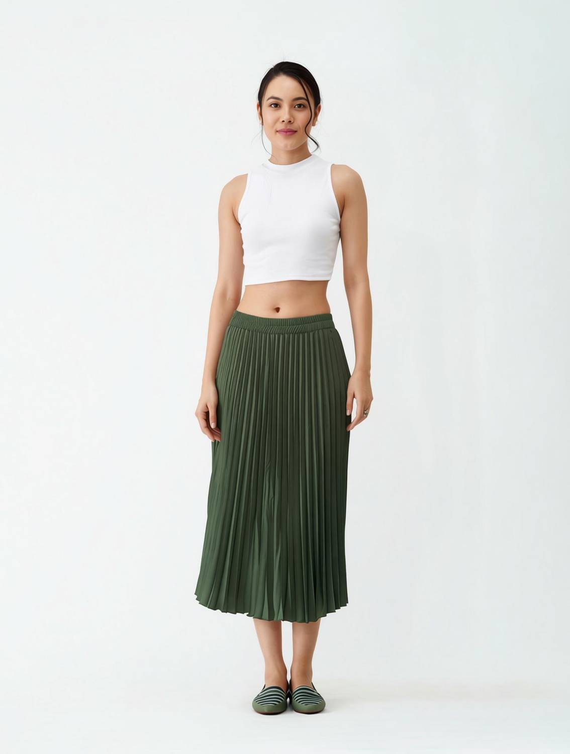 AASK Solid Women Pleated Light Green Skirt