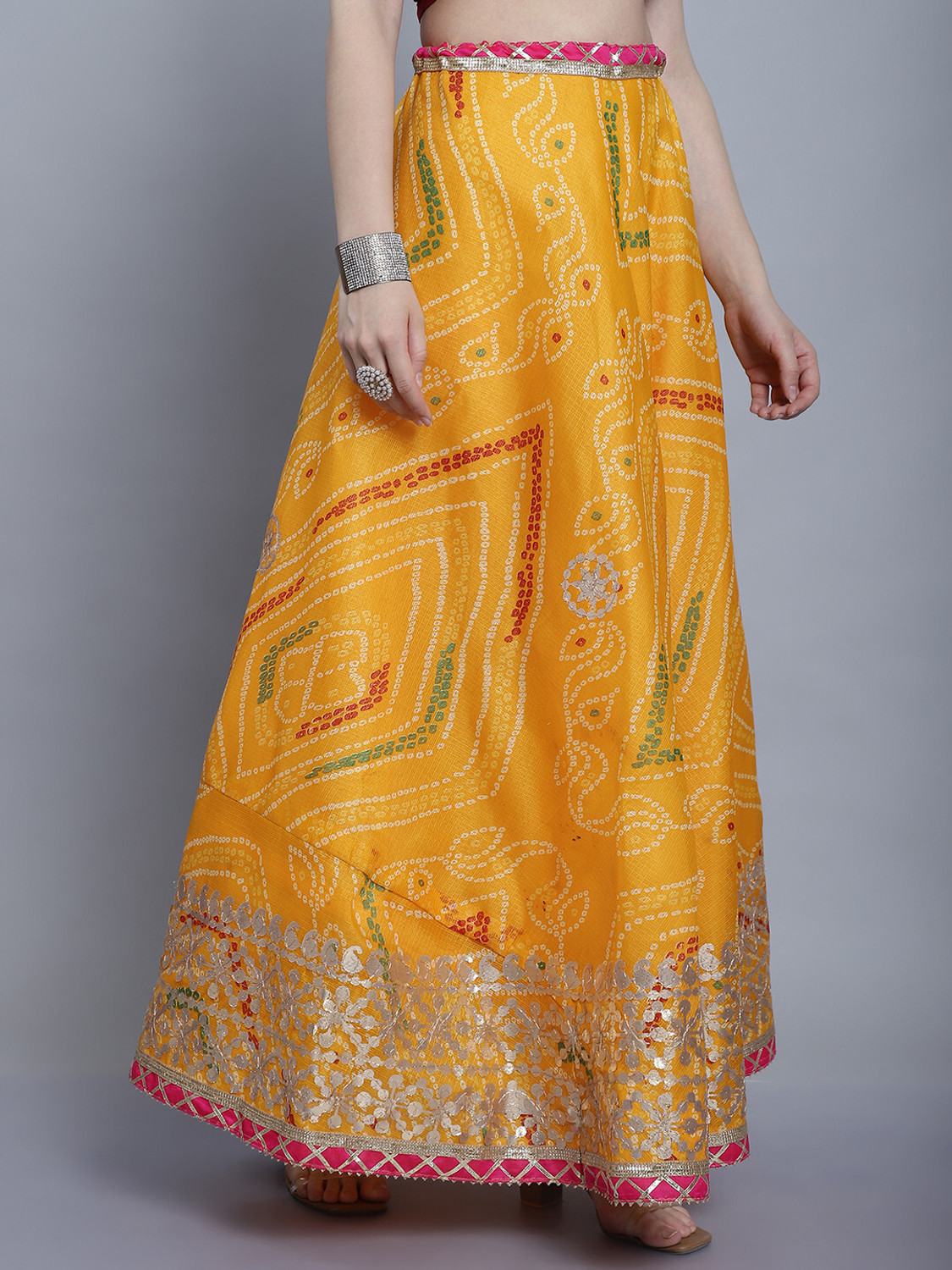 Image of JABAMA Embroidered Women Flared Yellow Skirt