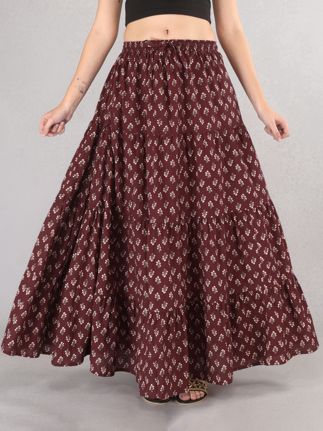 Image of MFGIVA Printed Women Tiered Maroon Skirt