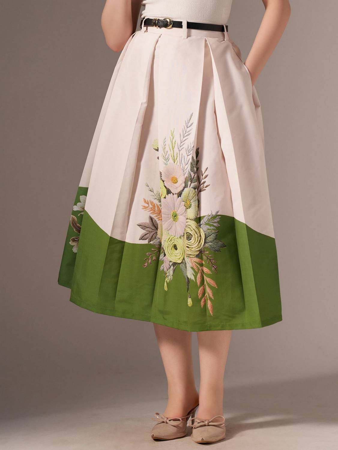 AASK Floral Print Women Flared Green Skirt