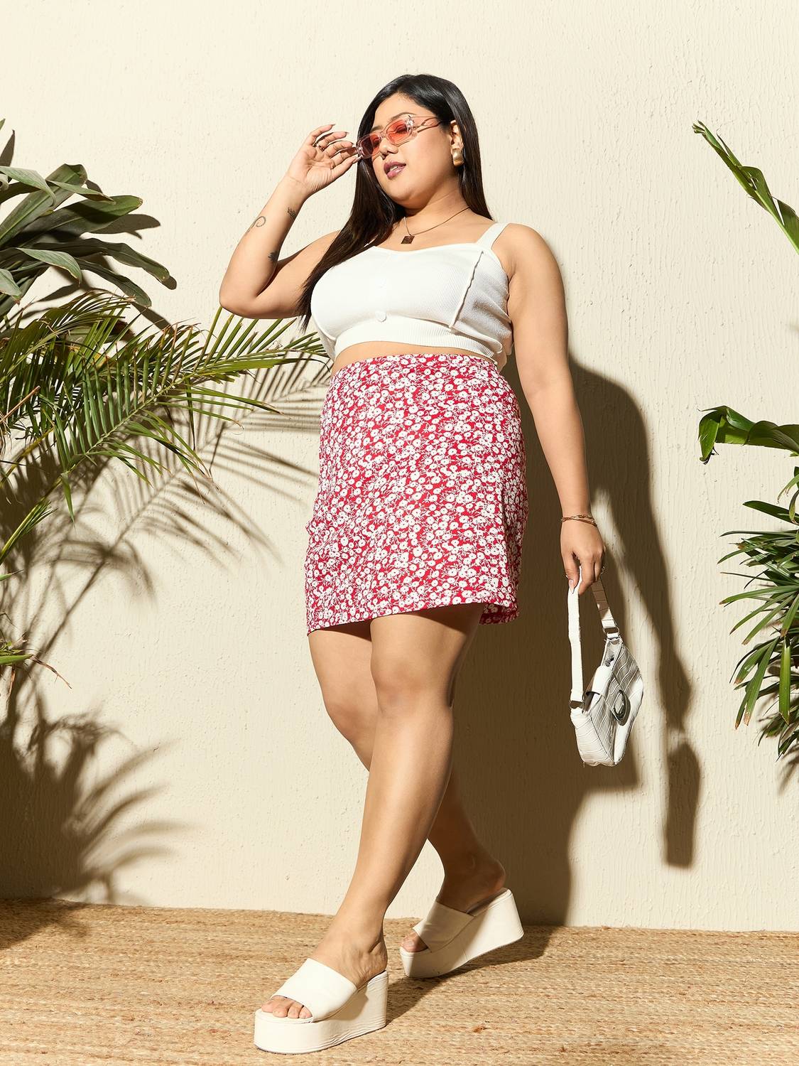 Berrylush Curve Printed Women Pencil Red Skirt