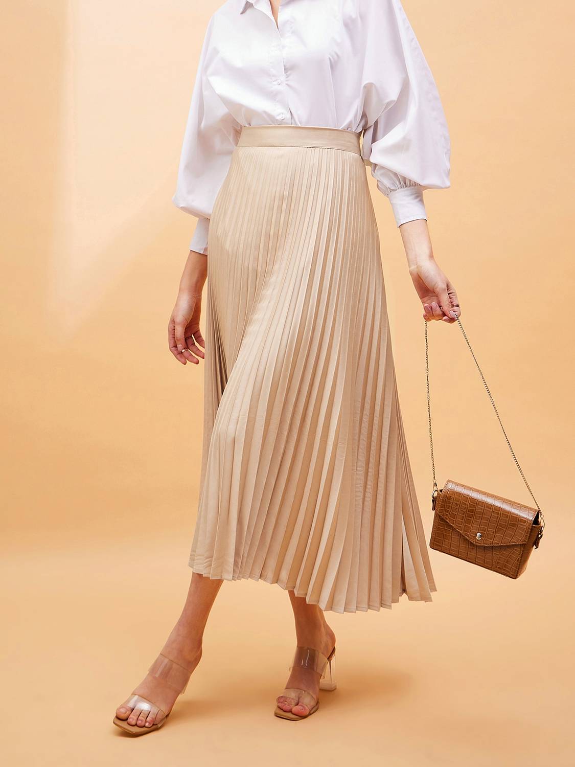 SASSAFRAS Solid Women Pleated Beige Skirt - Buy SASSAFRAS Solid