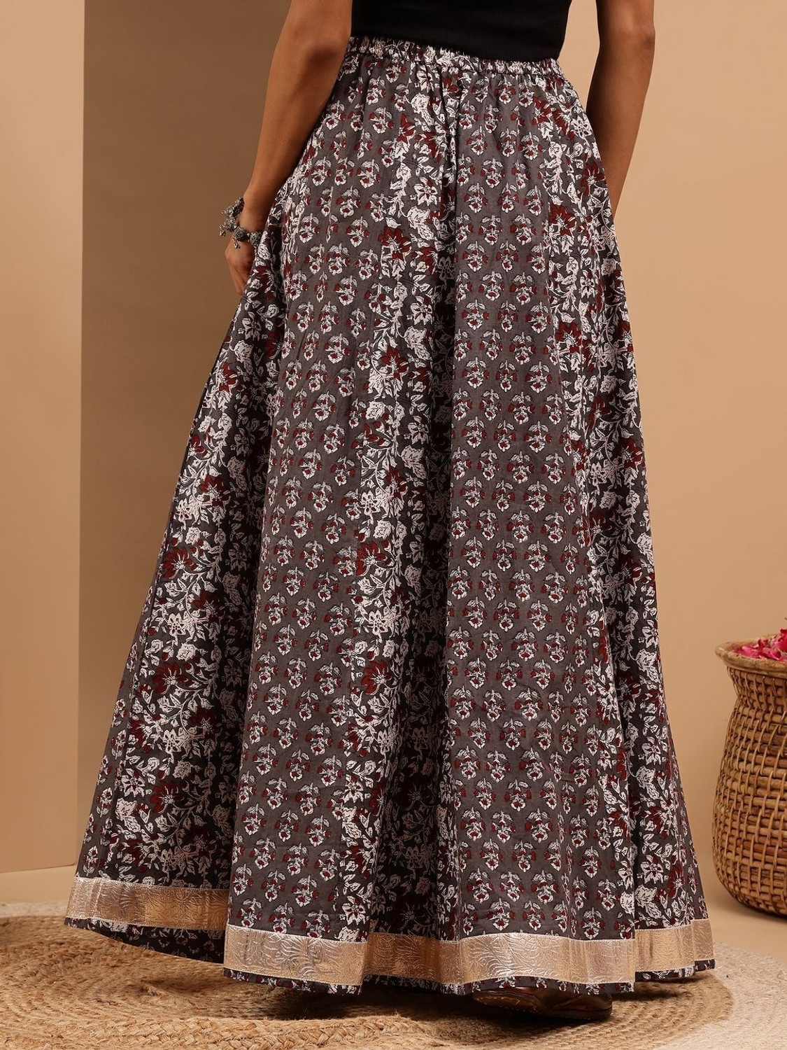 Image of Janasya Floral Print Women Flared Grey Skirt