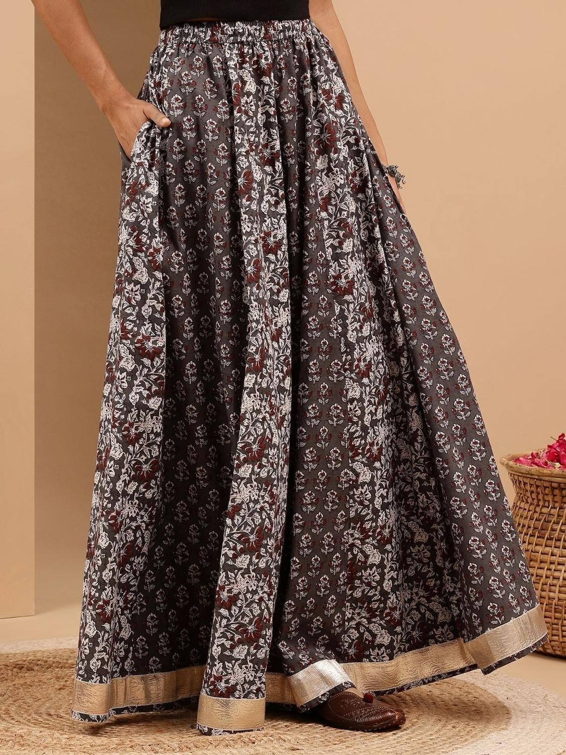 Image of Janasya Floral Print Women Flared Grey Skirt