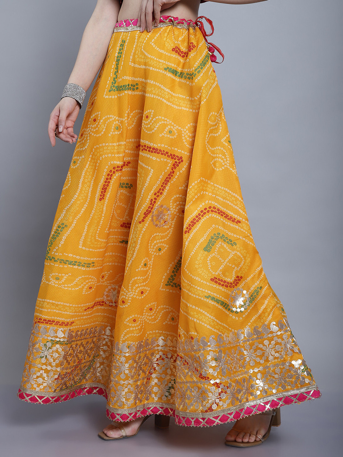 Image of JABAMA Embroidered Women Flared Yellow Skirt