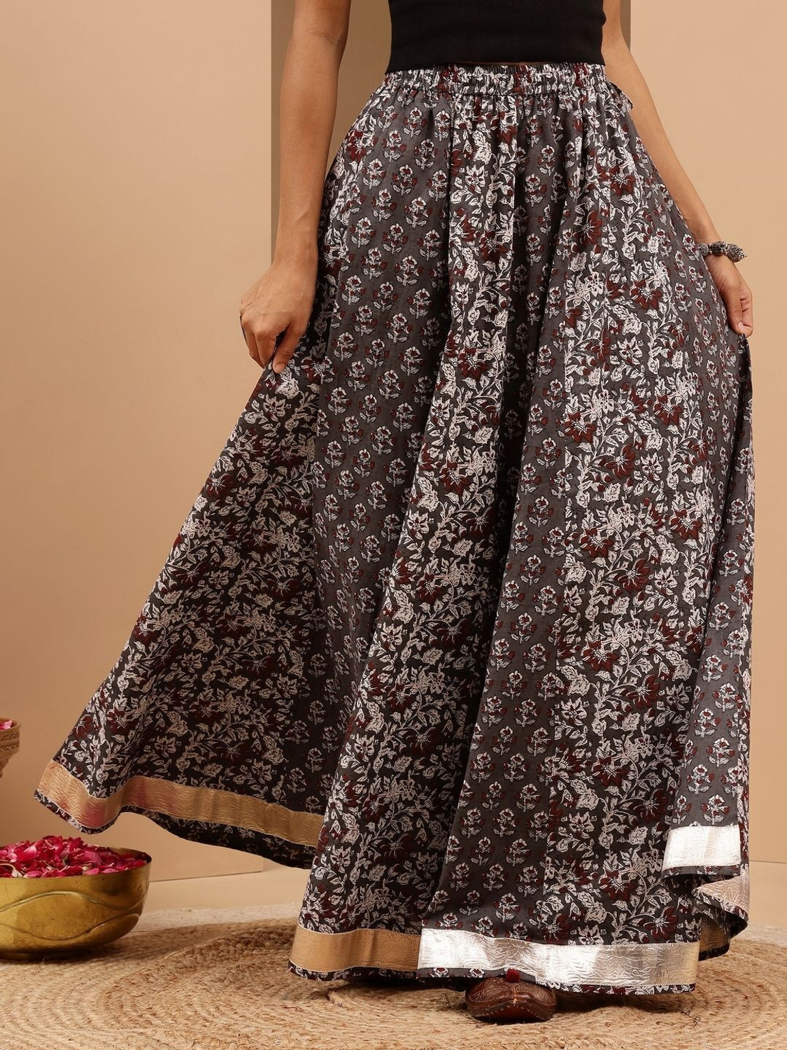 Image of Janasya Floral Print Women Flared Grey Skirt