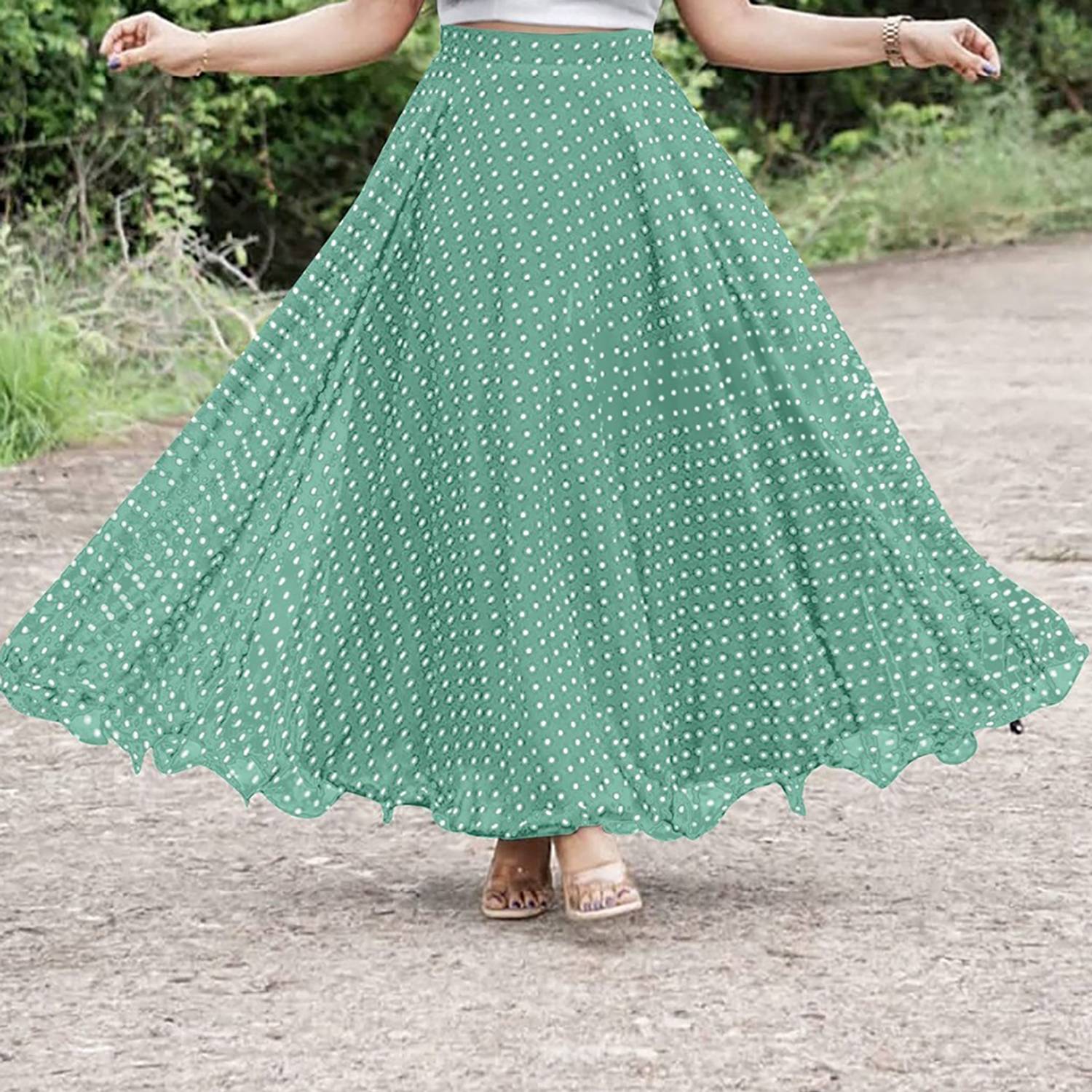 3Buddy Fashion Polka Print Women Flared Light Green, White Skirt