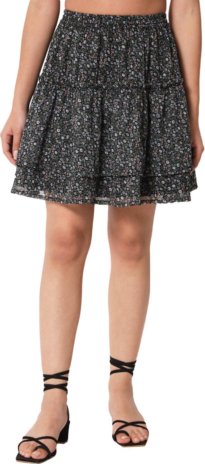 OTIRA Floral Print Women A-line Black Skirt