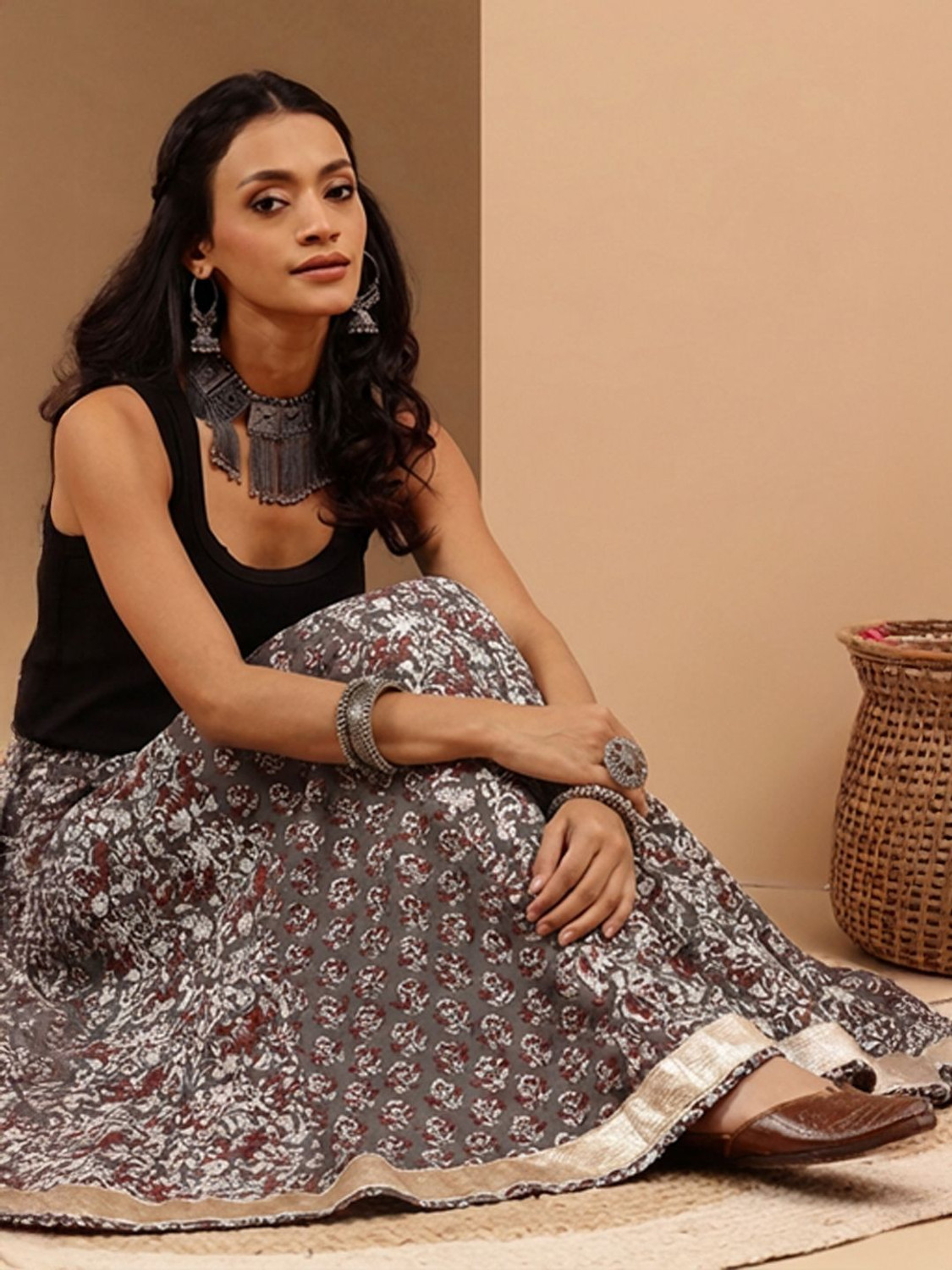 Image of Janasya Floral Print Women Flared Grey Skirt