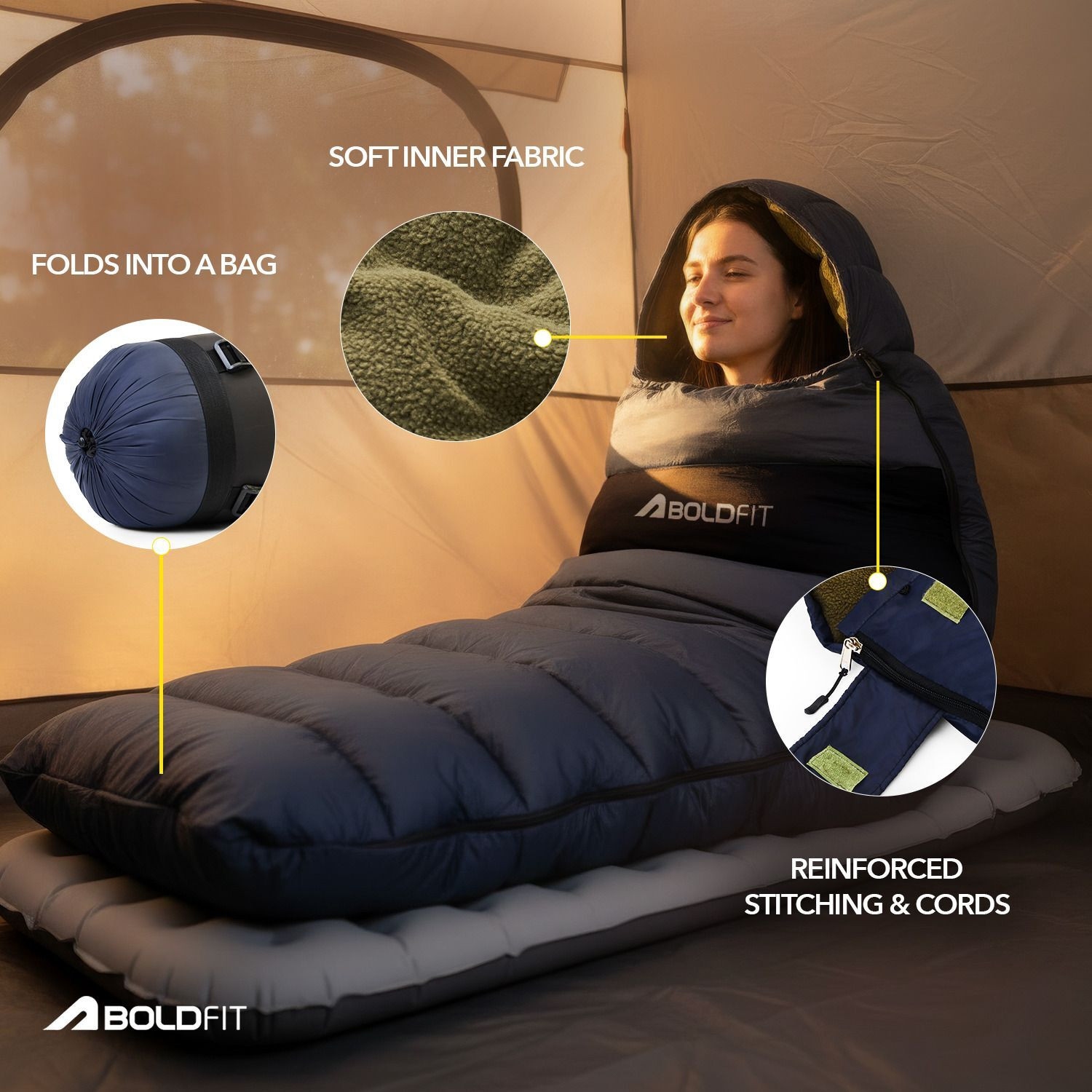 Image of BOLDFIT Sleep Max Pro Rectangular Upto Zero Degree Anti Fleece, Reliance Fibre Filling Sleeping Bag