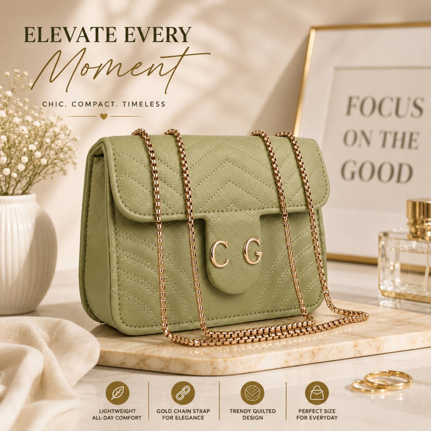 ALONZO Khaki Sling Bag Quilted Sling Bag for Women Trendy, Spacious Bag for Girls, Ladies, Women