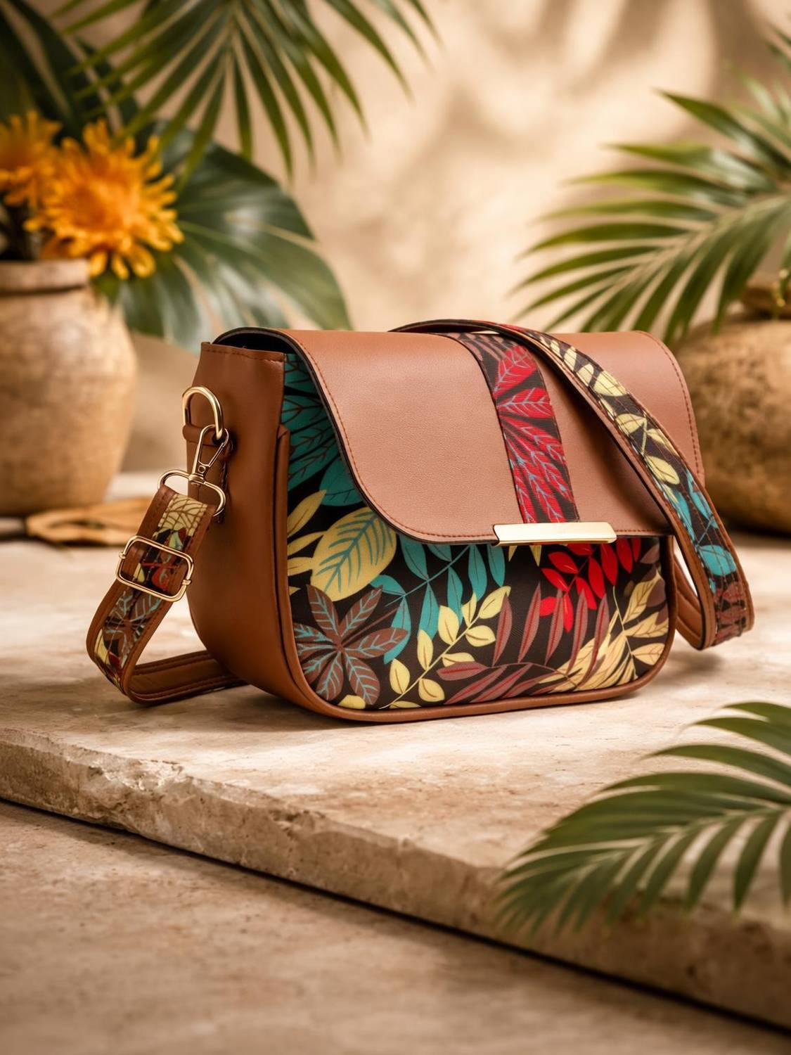 AloneFit Tan, Multicolor Sling Bag Premium Floral Print Sling Bag with Adjustable Strap & Magnetic Flap