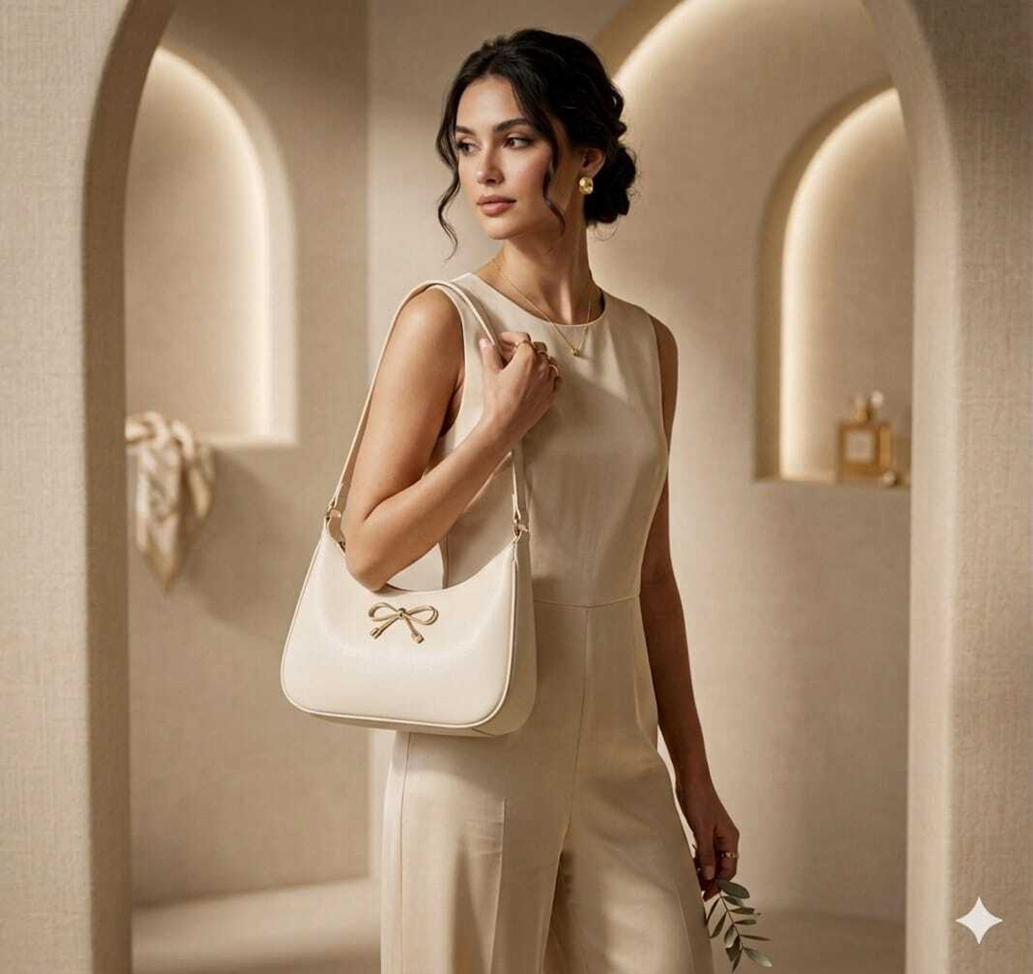 Image of Cleto Beige Shoulder Bag Aesthetic Golden Bow Off-White Hobo Shoulder Bag