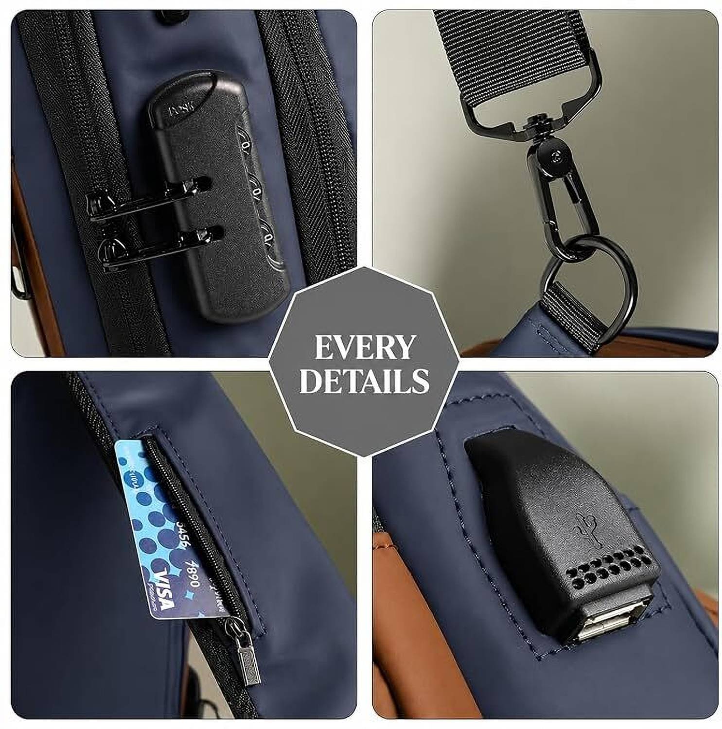 Blue Men Sling Bag Sling Bag for Men |Anti-theft Crossbody Bag USB PU Shoulder Bag - Image 5