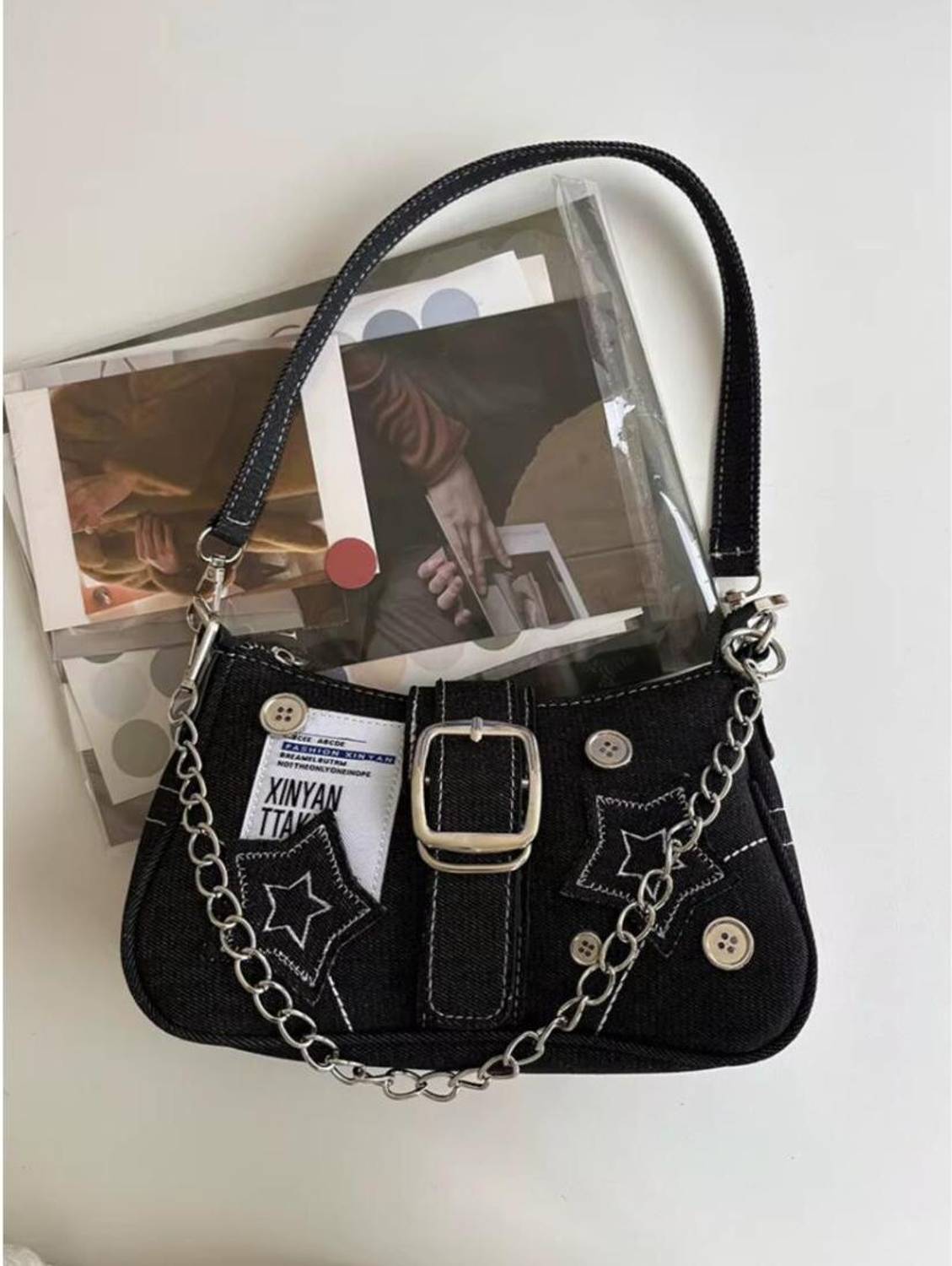 ITALISH Black Shoulder Bag Trendy Denim Shoulder Bag for Women