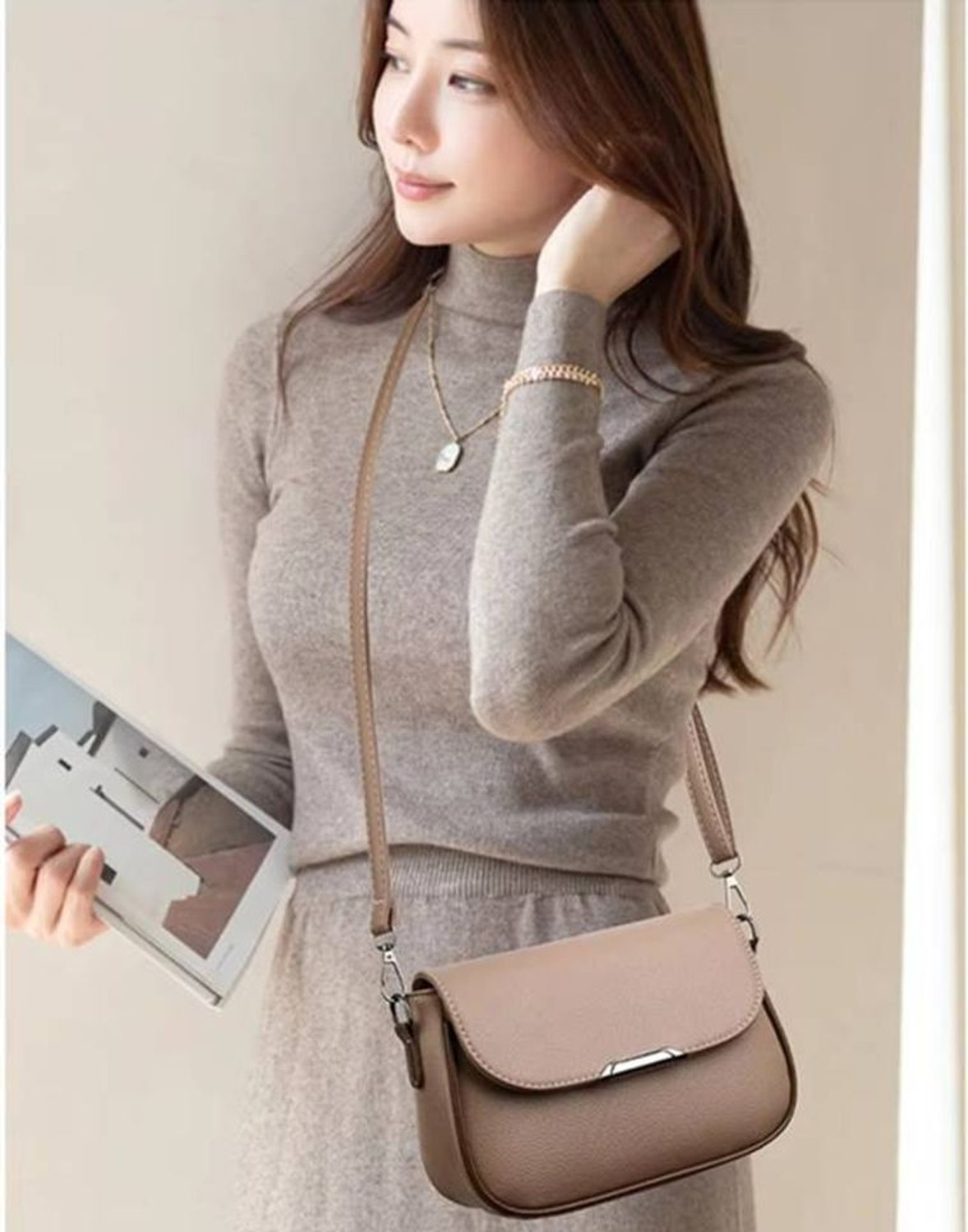 Image of ZAALIQA Khaki Sling Bag Luxury Designer Women's Crossbody and Shoulder Bags. Travel Bags for Ladies