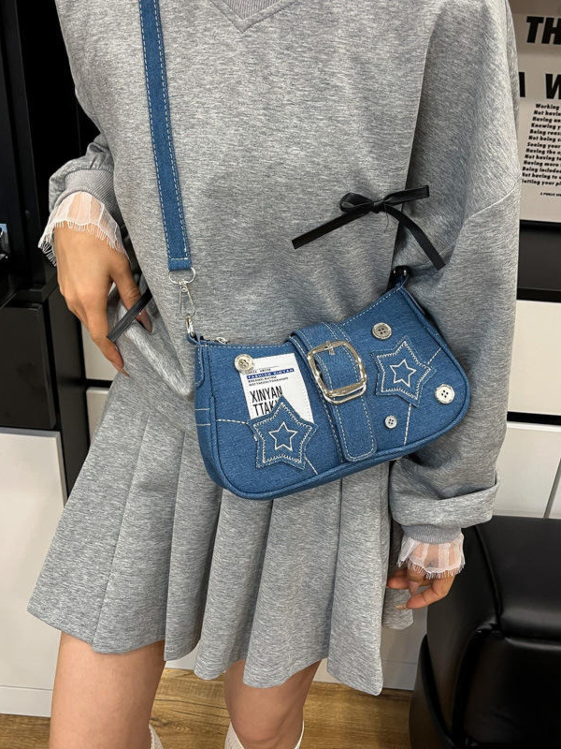 Image of Demerra Blue Shoulder Bag Trendy Y2K Black Shoulder Bag for Women | Star Patchwork Small Hobo Handbag