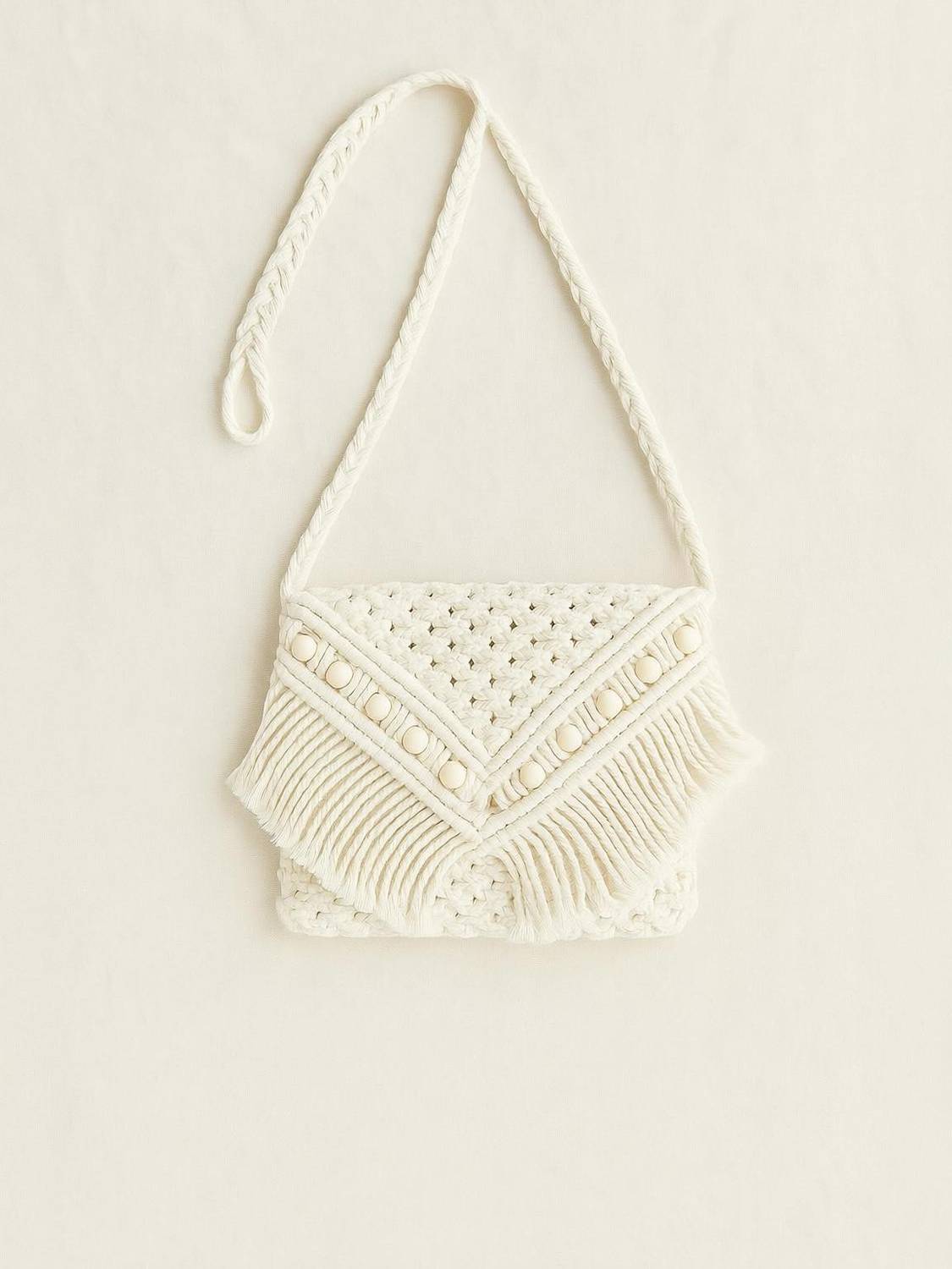 Asad Enterprises White Sling Bag Handcrafted Macramé Sling Bag with Fringes and Wooden Beads – Boho Style