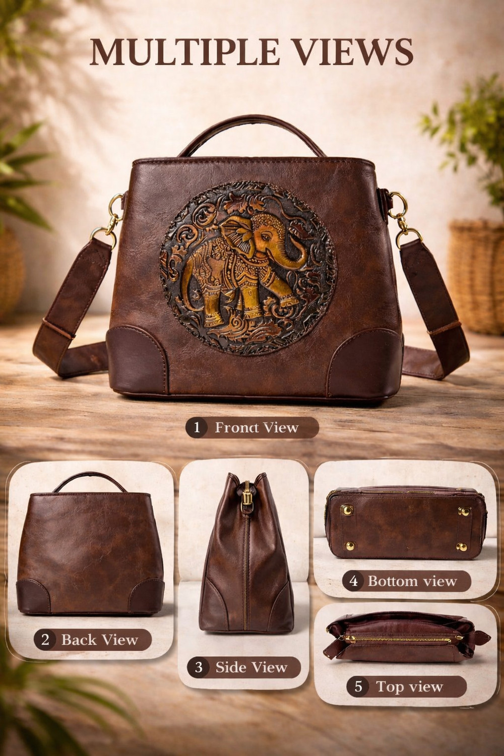 Image of AJ COL Brown Sling Bag Elephant Embossed Structured Sling Bag For Women