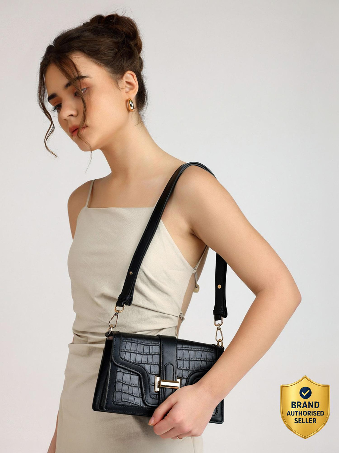 Image of LINO PERROS Black Sling Bag Womens Croco Black Hand Bag