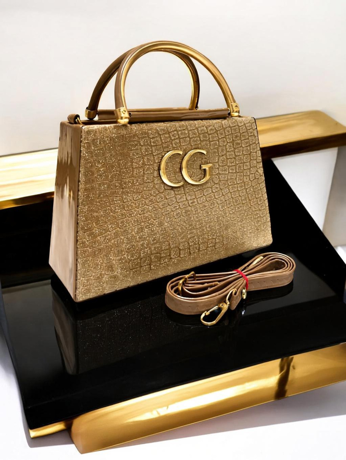 Image of Carissa Beige, Gold Sling Bag Bridal Party Trendy Sling Bag For Women Stylish Design Shoulder Women Handbag