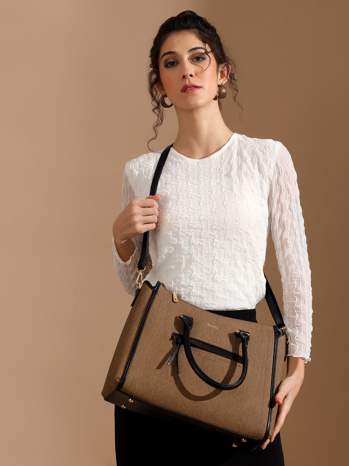 Image of Exotic Brown Tote Structured Handbag for Women Spacious Work & Laptop Elara Tote Bag