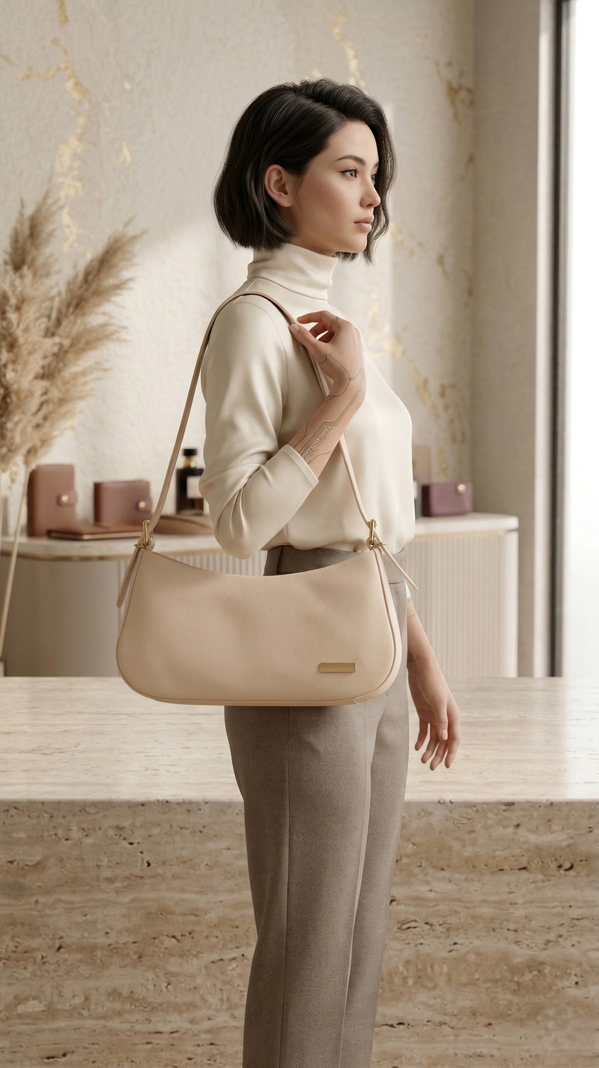 Image of Apro Beige Hand-held Bag Elegant Minimalist BEIGE Shoulder Bag for Women