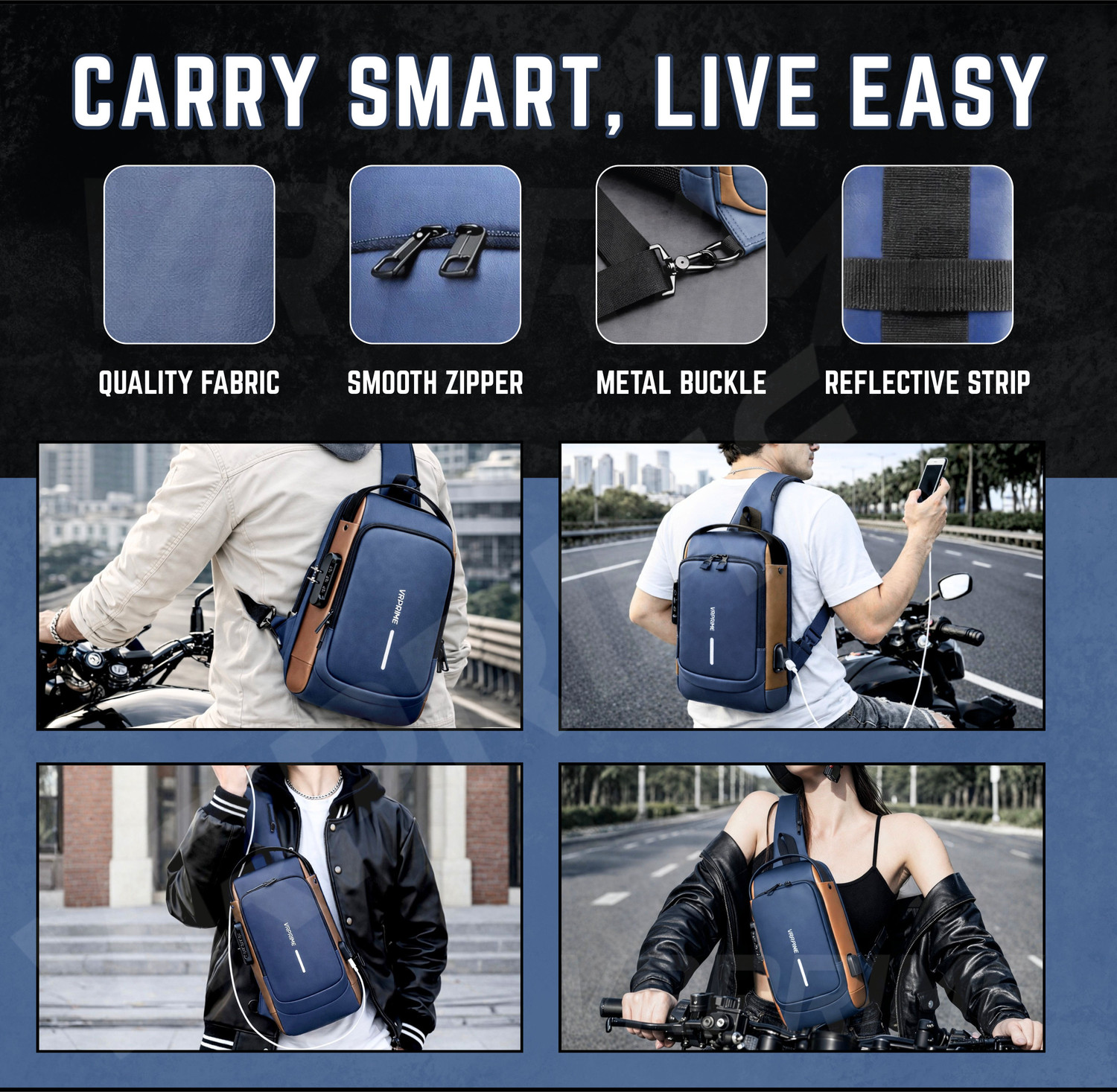 Image of VRPRIME Blue Sling Bag Waterproof Anti-Theft Design with USB Charging for Travel, Office & Daily Use