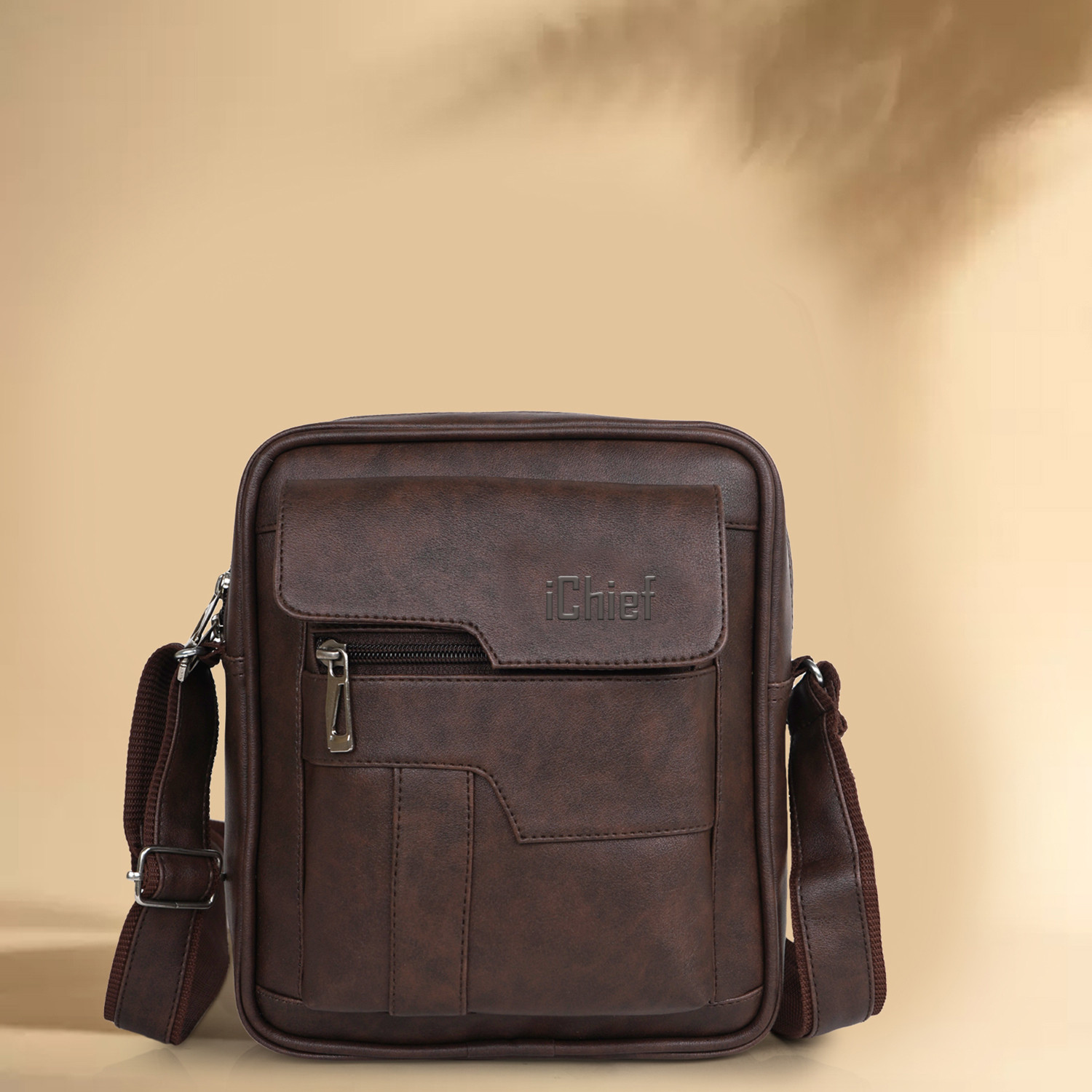 ICHIEF Brown Sling Bag Draper Shoulder/Cross Body Bag/Unisex Sling Bag with Padded Tab Compartment