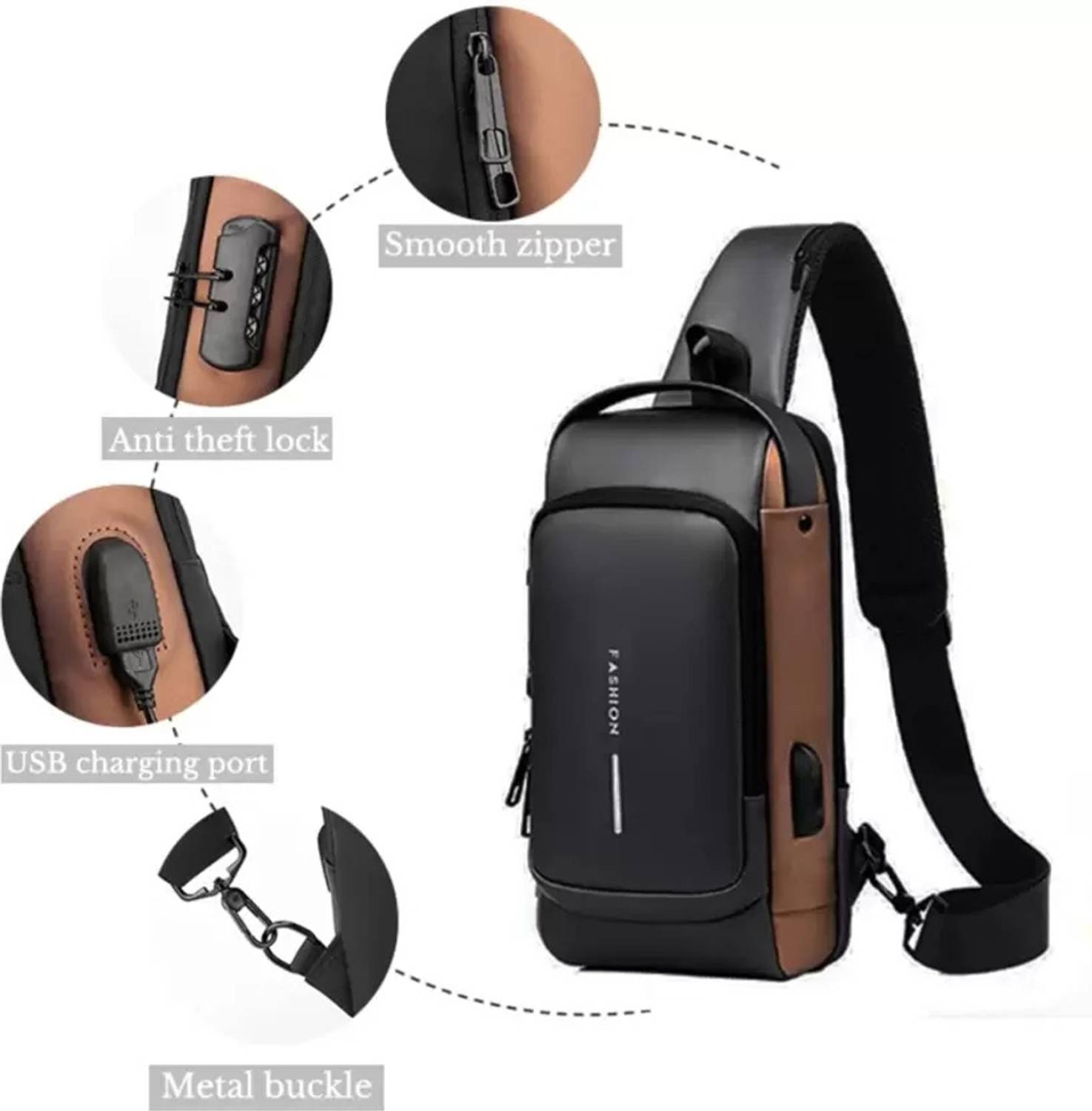 kidsmuch Brown Shoulder Bag Sling Bag USB Charging Sport Shoulder