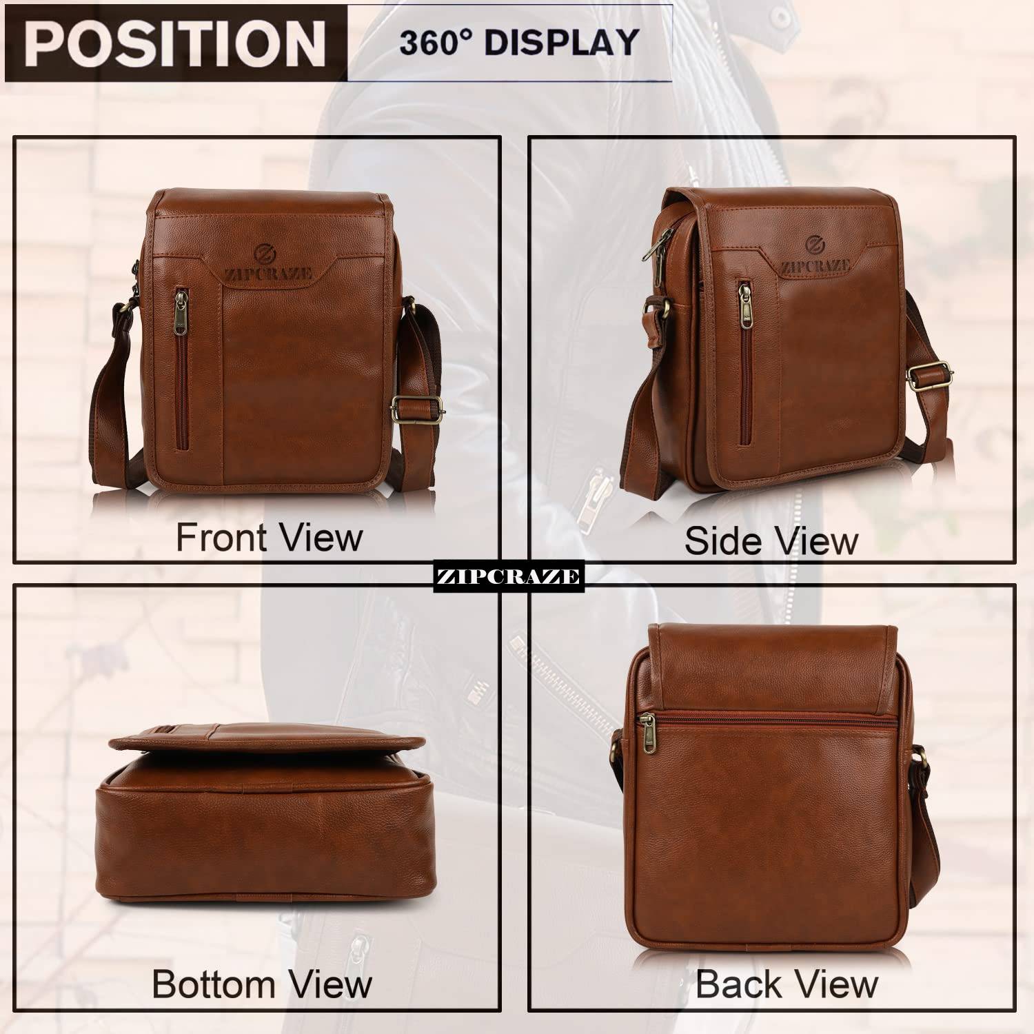 ZipCraze Tan Sling Bag Vegan Leather - Image 4