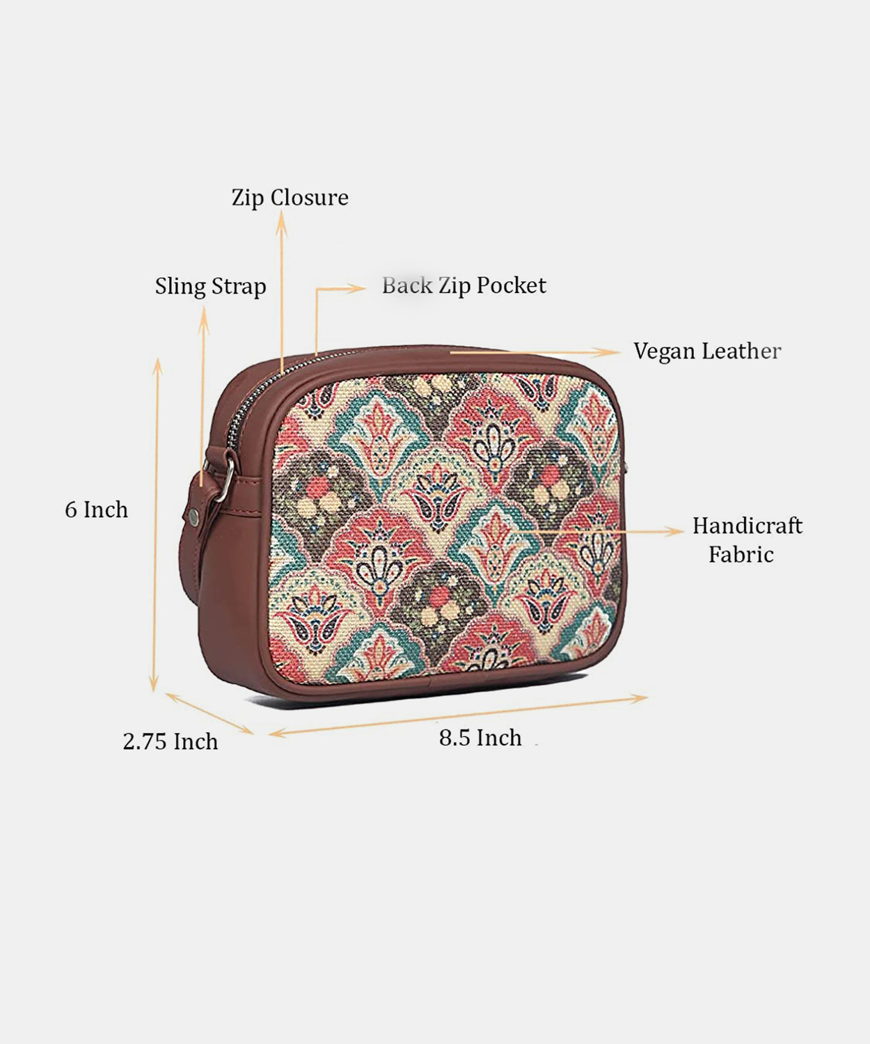 Image of ZOUK Multicolor Sling Bag for women Handmade Bags for Females Vegan Leather and Indian Fabric