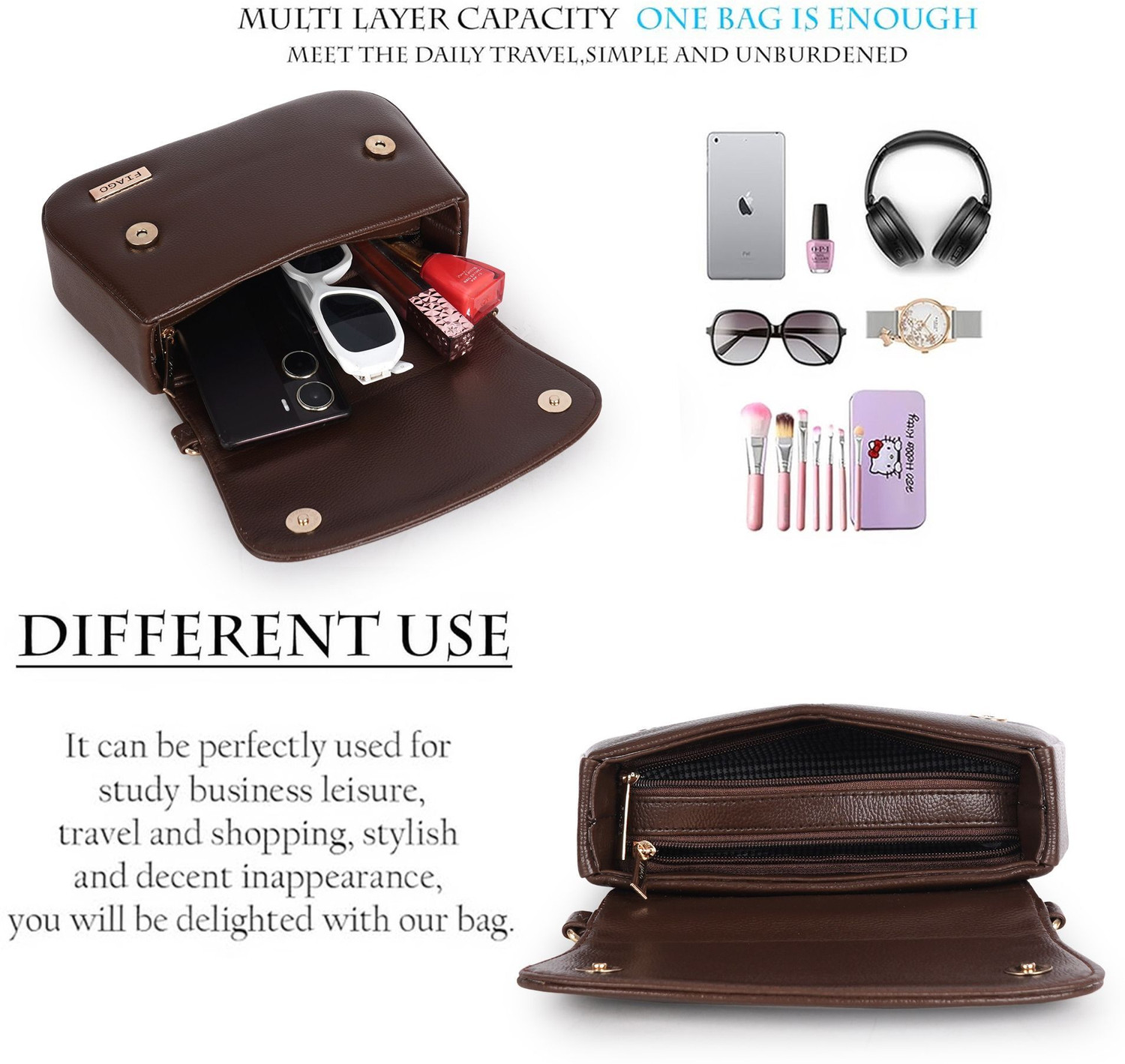 Image of FIAGO Brown Sling Bag Classic Women's - Lightweight, Stylish, and Spacious Design