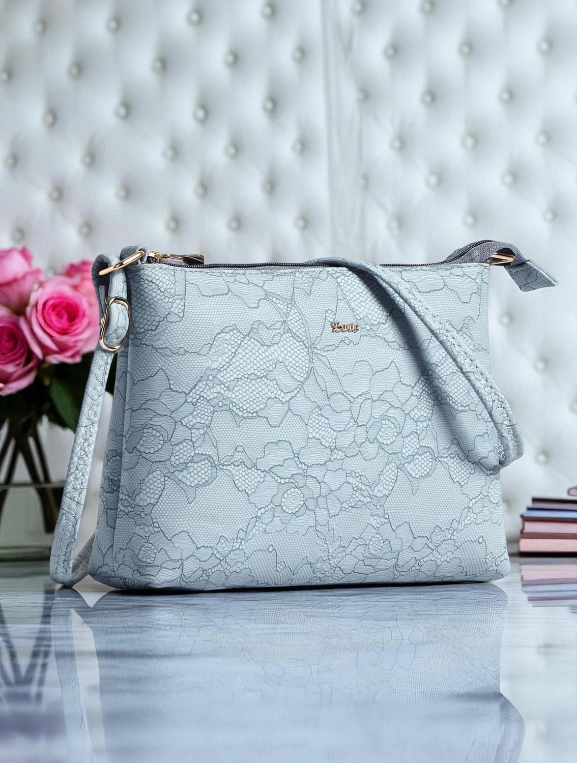 Image of Exotic Blue Sling Bag Floral Embossed Texture Sling Bag for Women