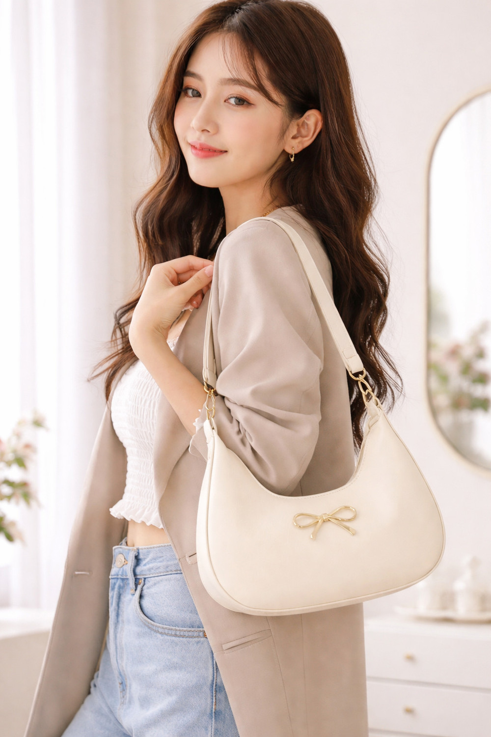 Image of Feetglow Black, White Hobo Sling bag for women fancy white ladies purse
