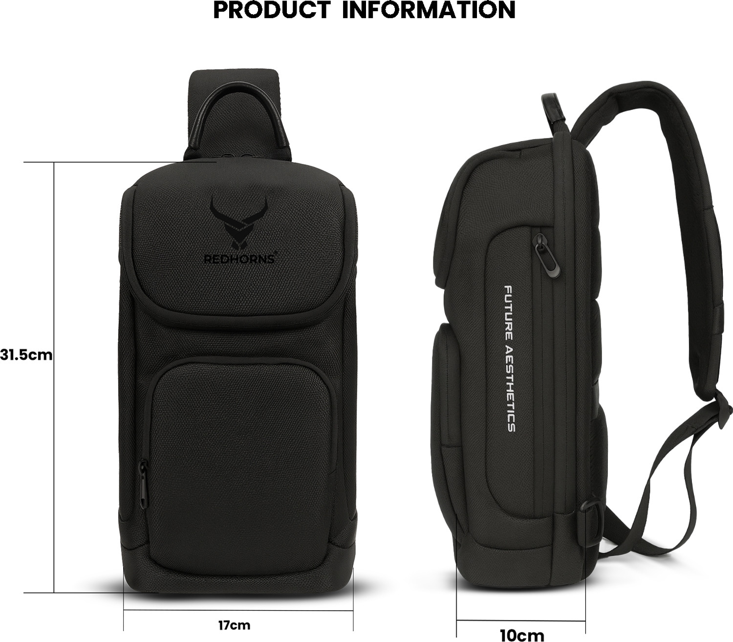 Image of REDHORNS Black Sling Bag Waterproof Cross body Bag for Unisex Travel Sling Backpack Ideal for Daily Use